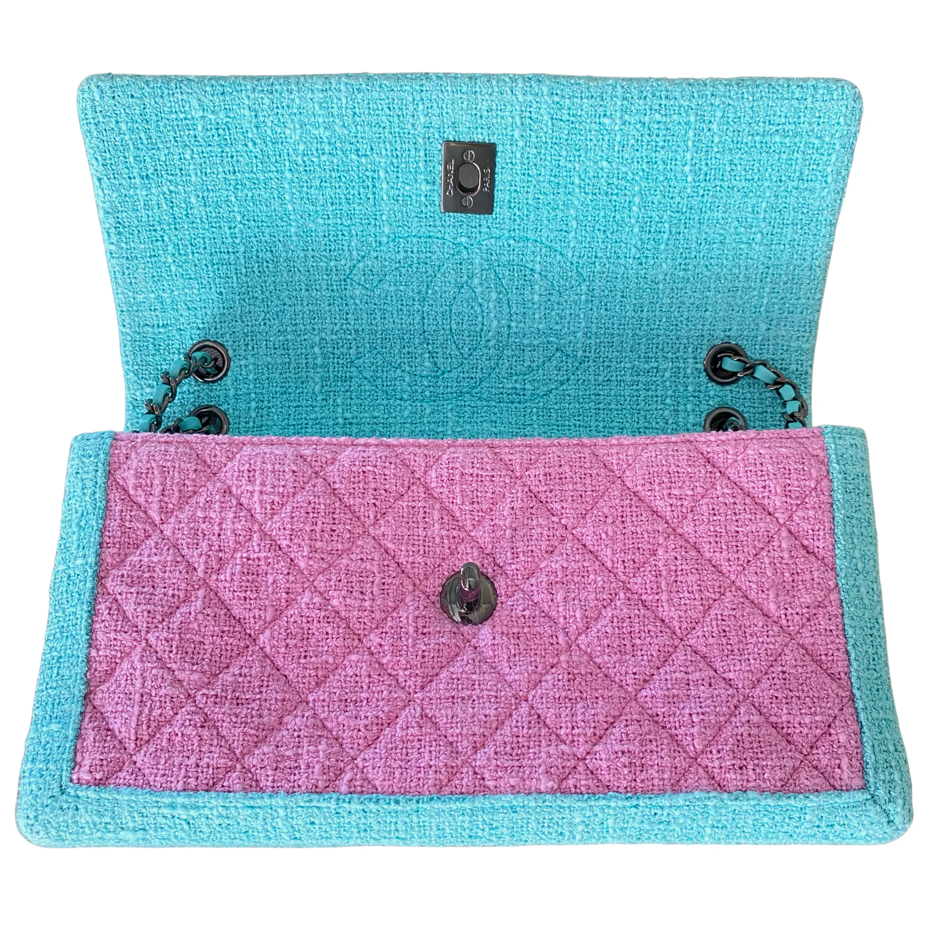16C Pink Turquoise Tweed East West Flap Bag
