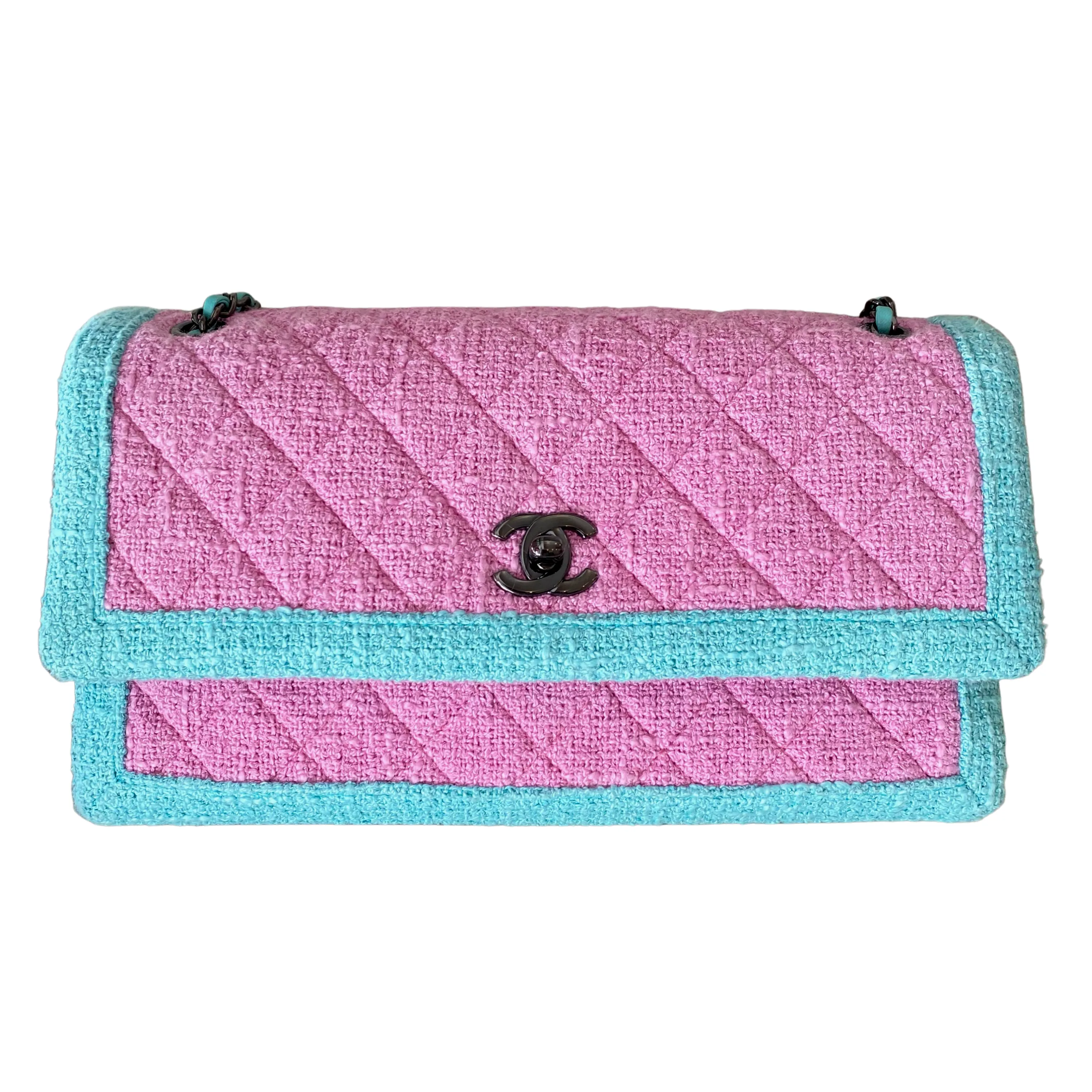 16C Pink Turquoise Tweed East West Flap Bag