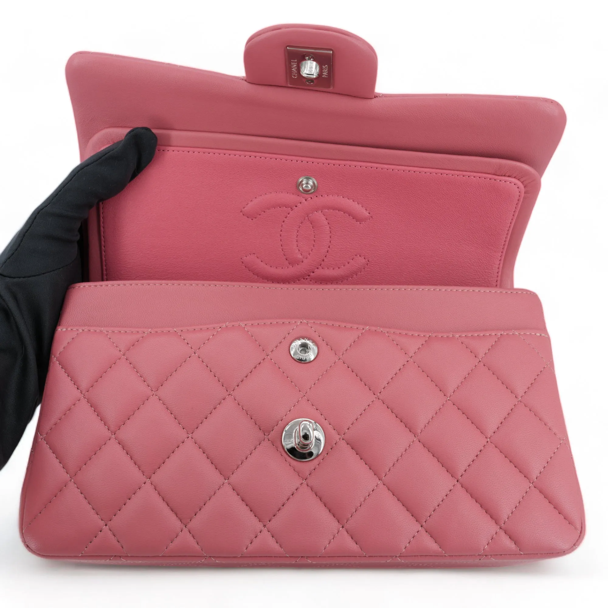 19B Pink Lambskin Small Classic Double Flap Bag