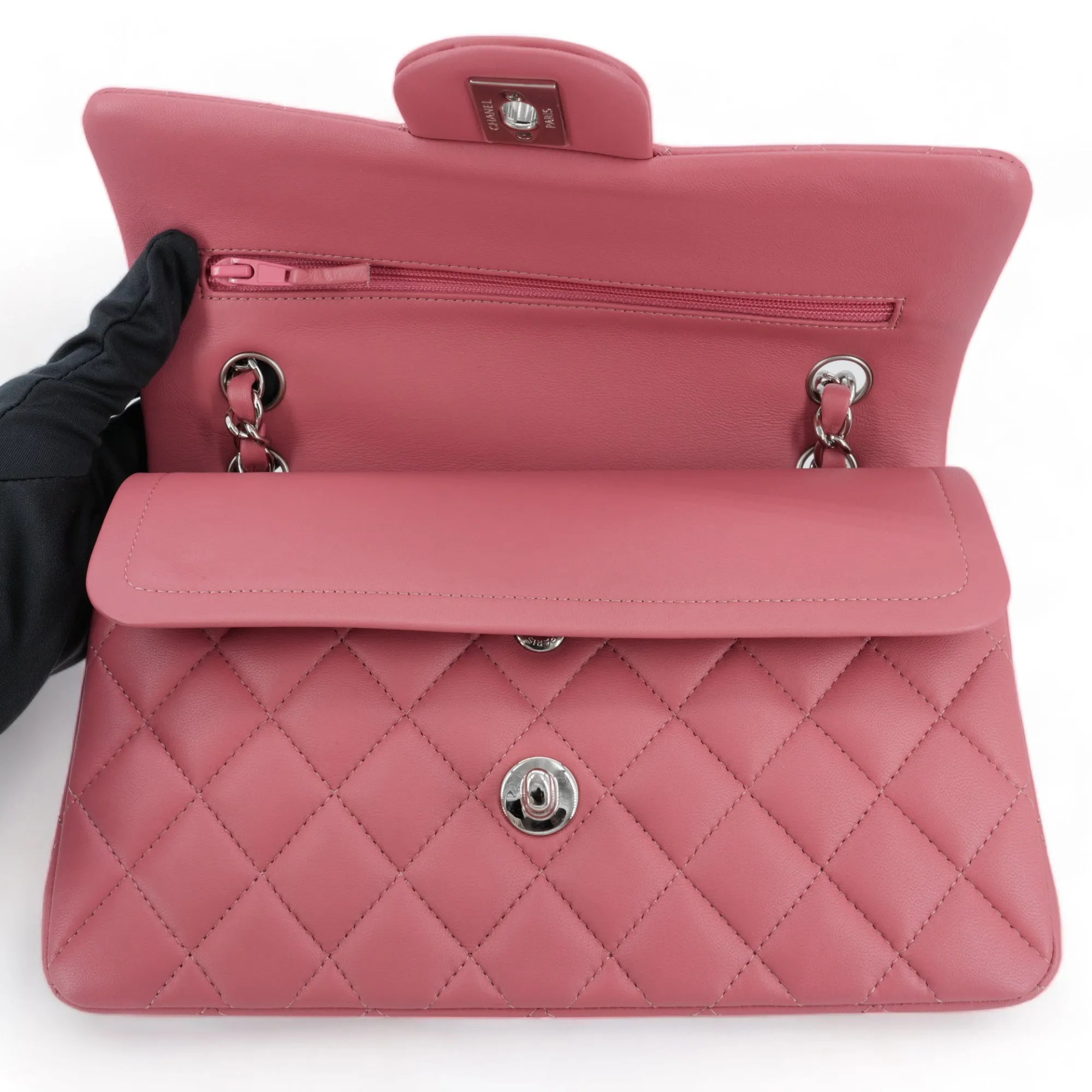 19B Pink Lambskin Small Classic Double Flap Bag