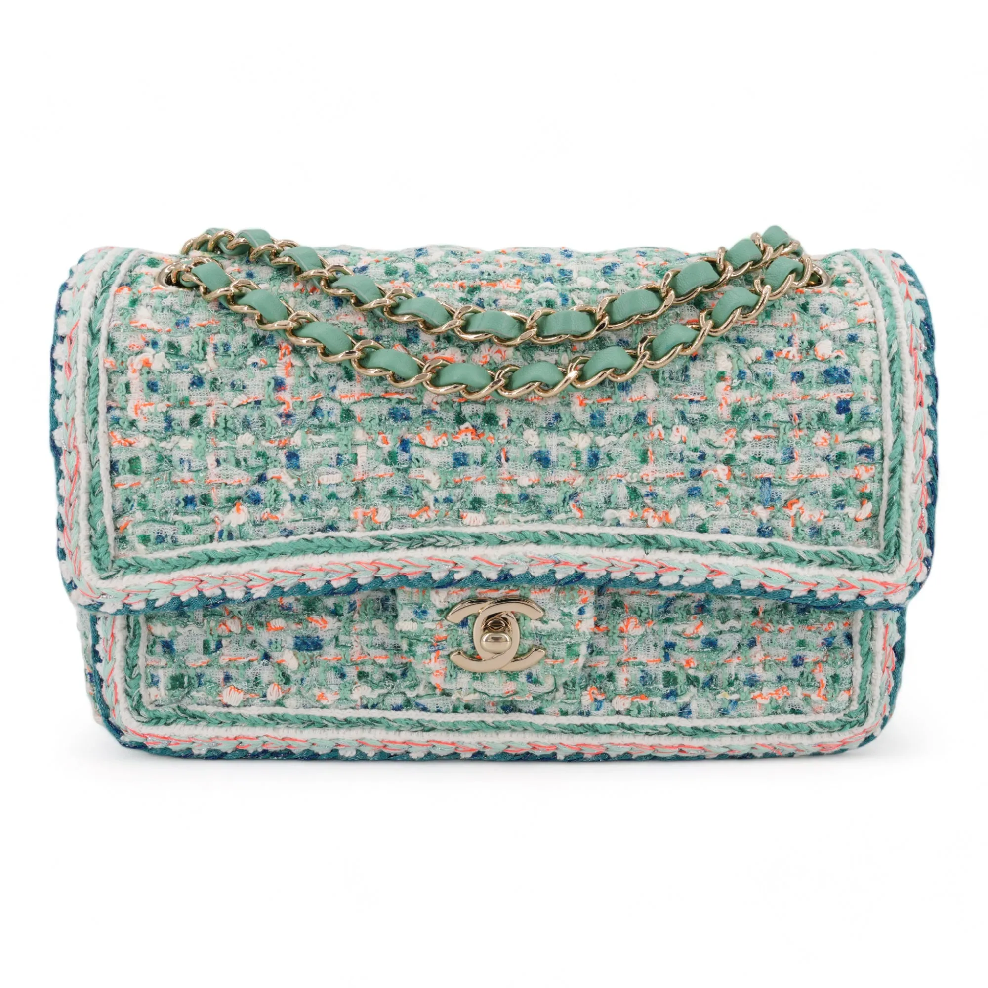 19S Green Tweed Medium Classic Double Flap Bag