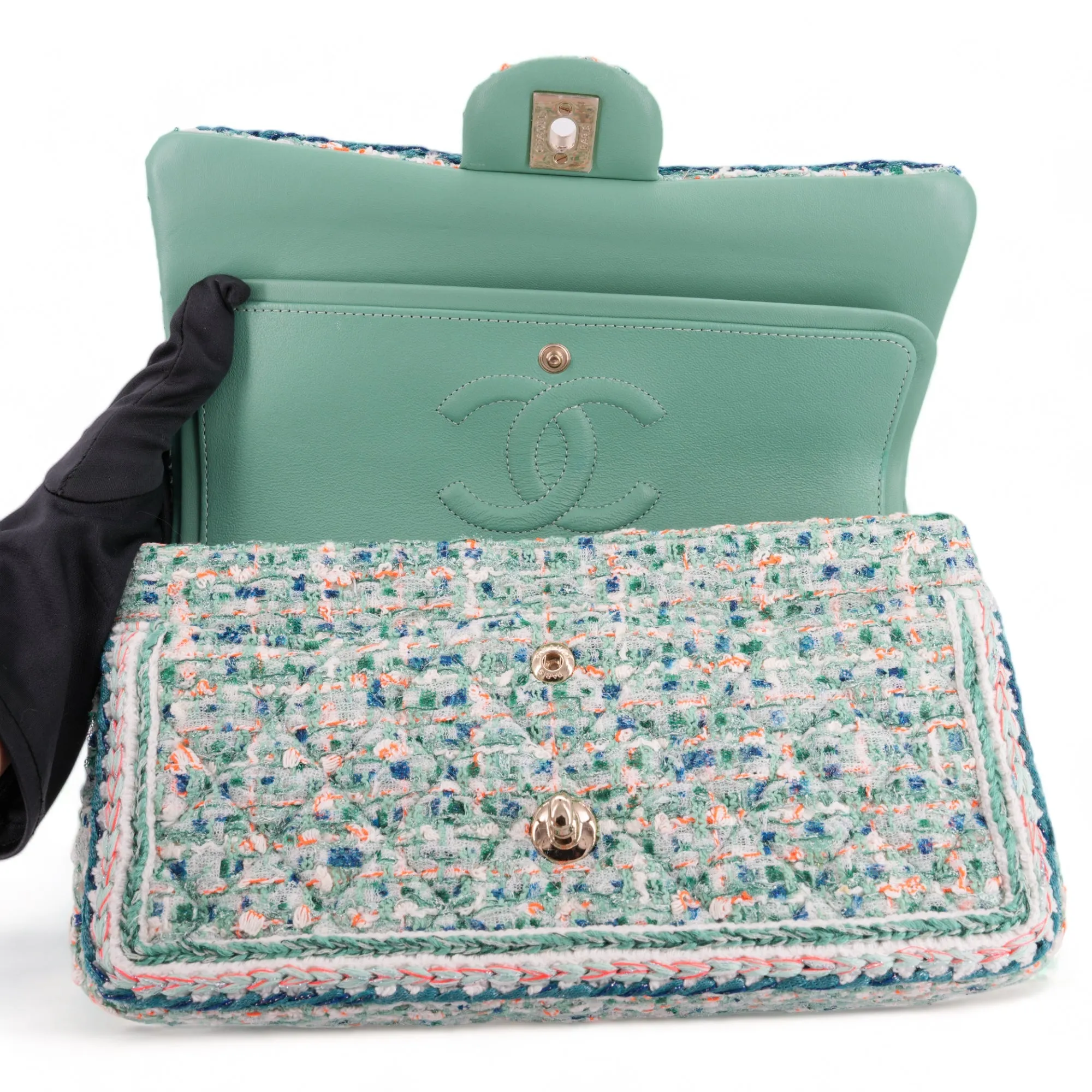 19S Green Tweed Medium Classic Double Flap Bag