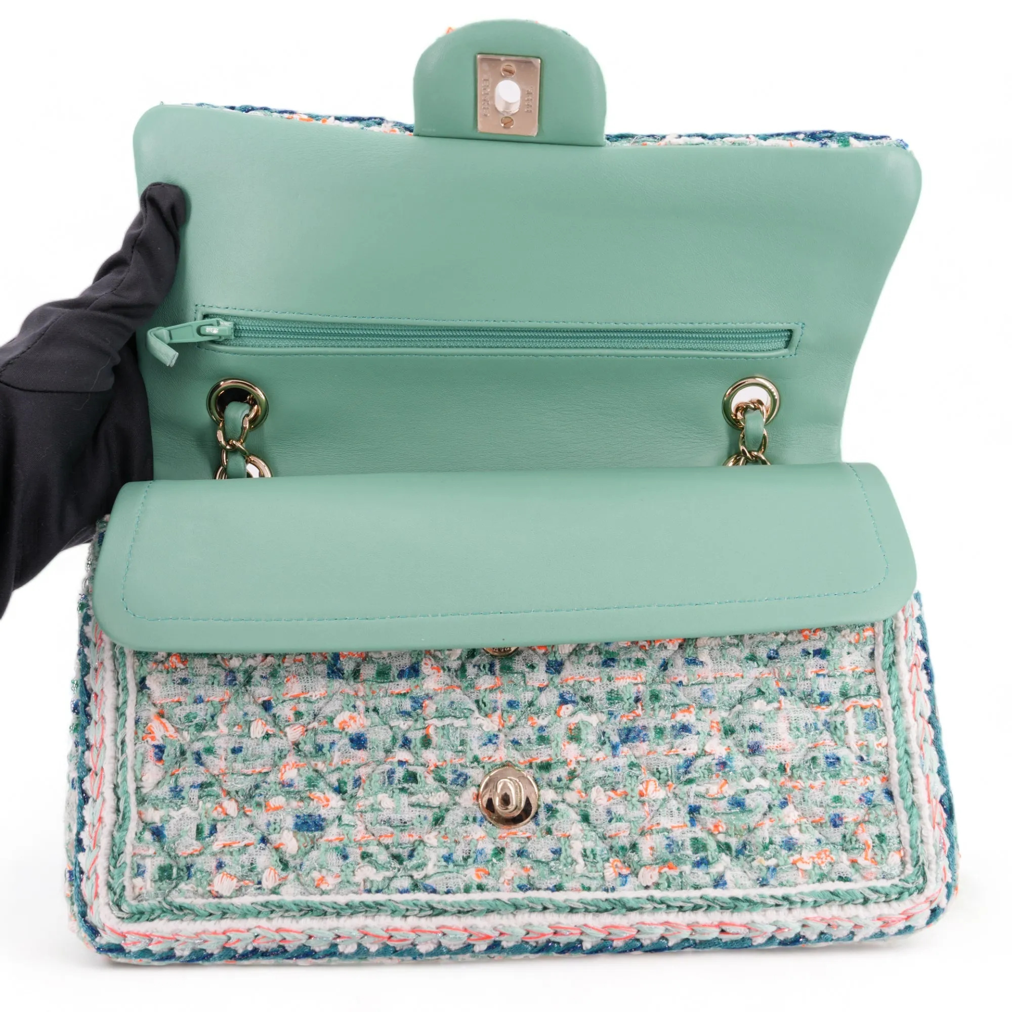 19S Green Tweed Medium Classic Double Flap Bag