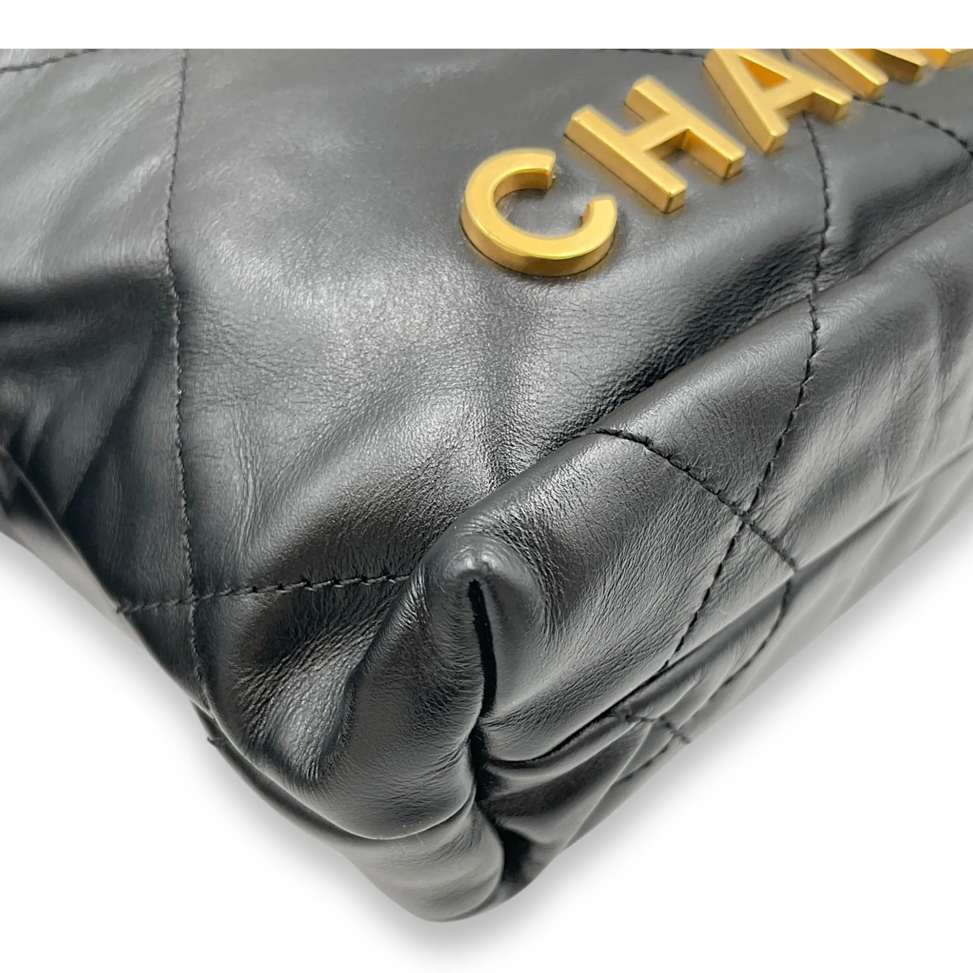 22 Tote Mini Black Crossbody Bag in Shiny Calf, Gold hardware