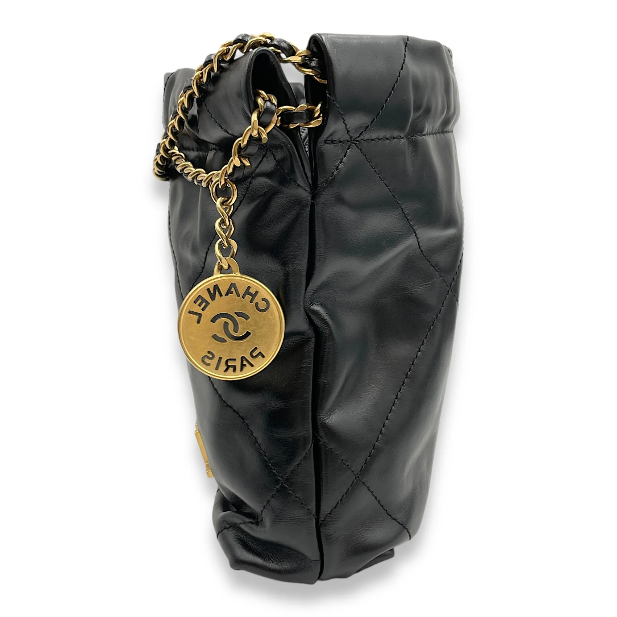 22 Tote Mini Black Crossbody Bag in Shiny Calf, Gold hardware