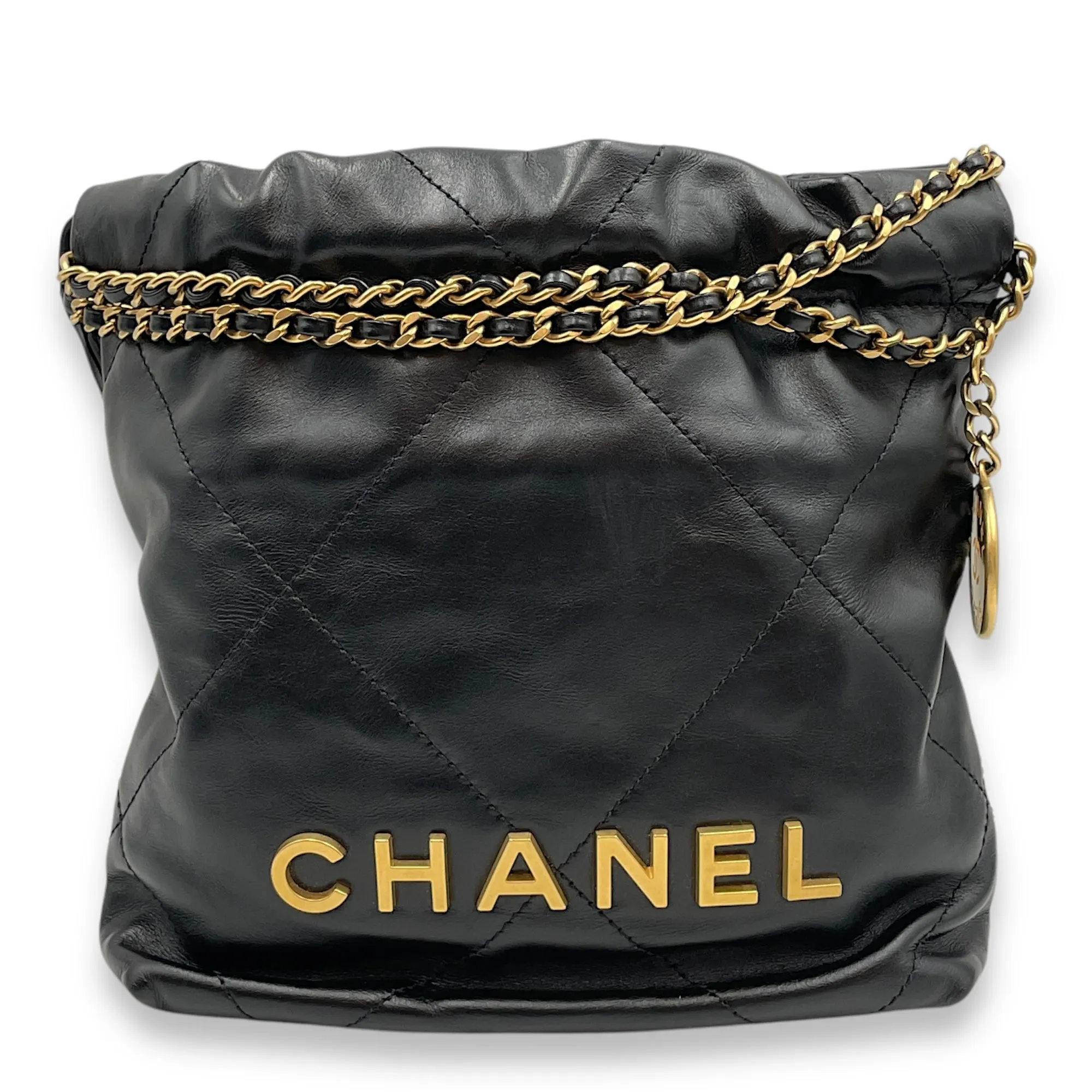 22 Tote Mini Black Crossbody Bag in Shiny Calf, Gold hardware