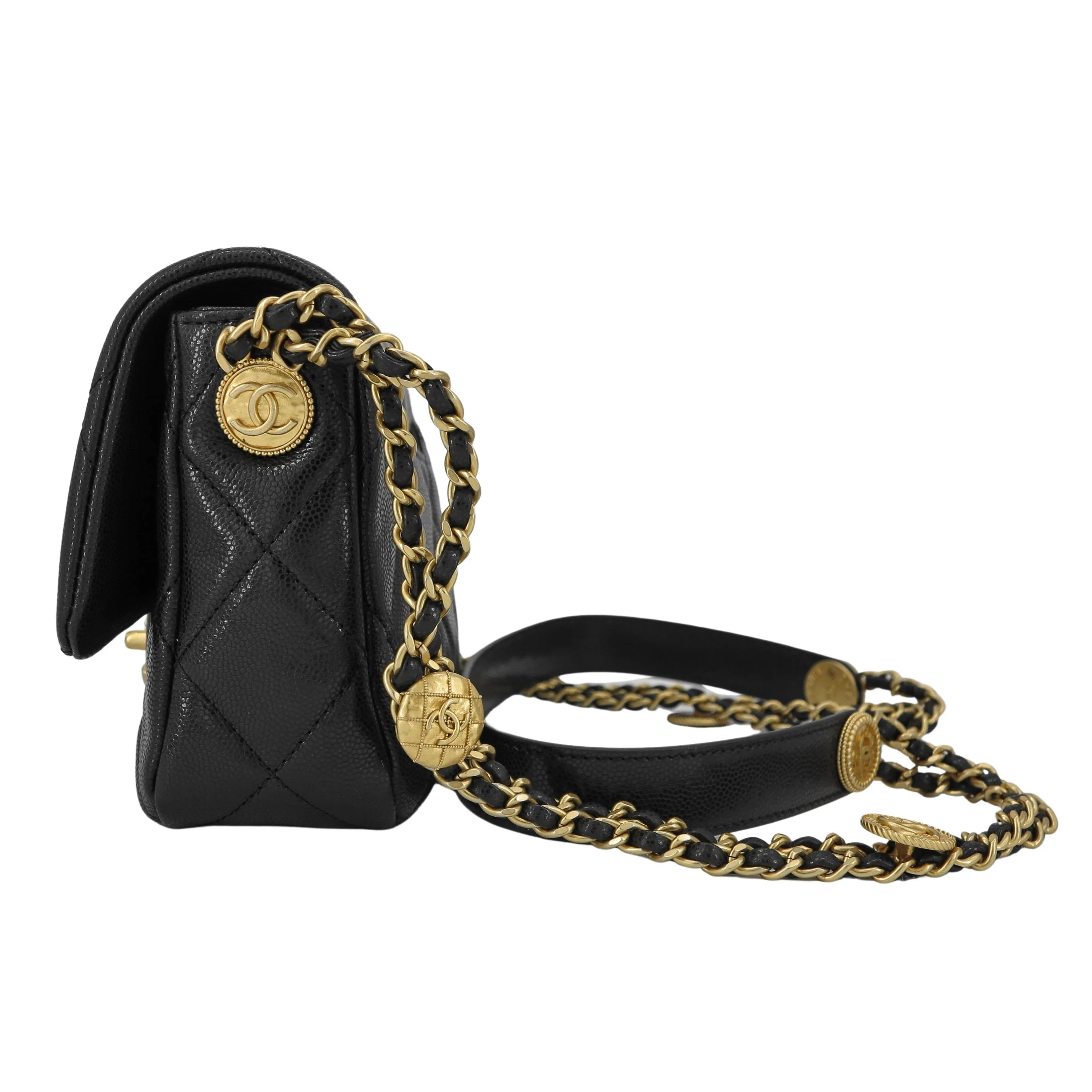 22A Twist Your Buttons Gold Coins Small Flap Bag in Black Caviar