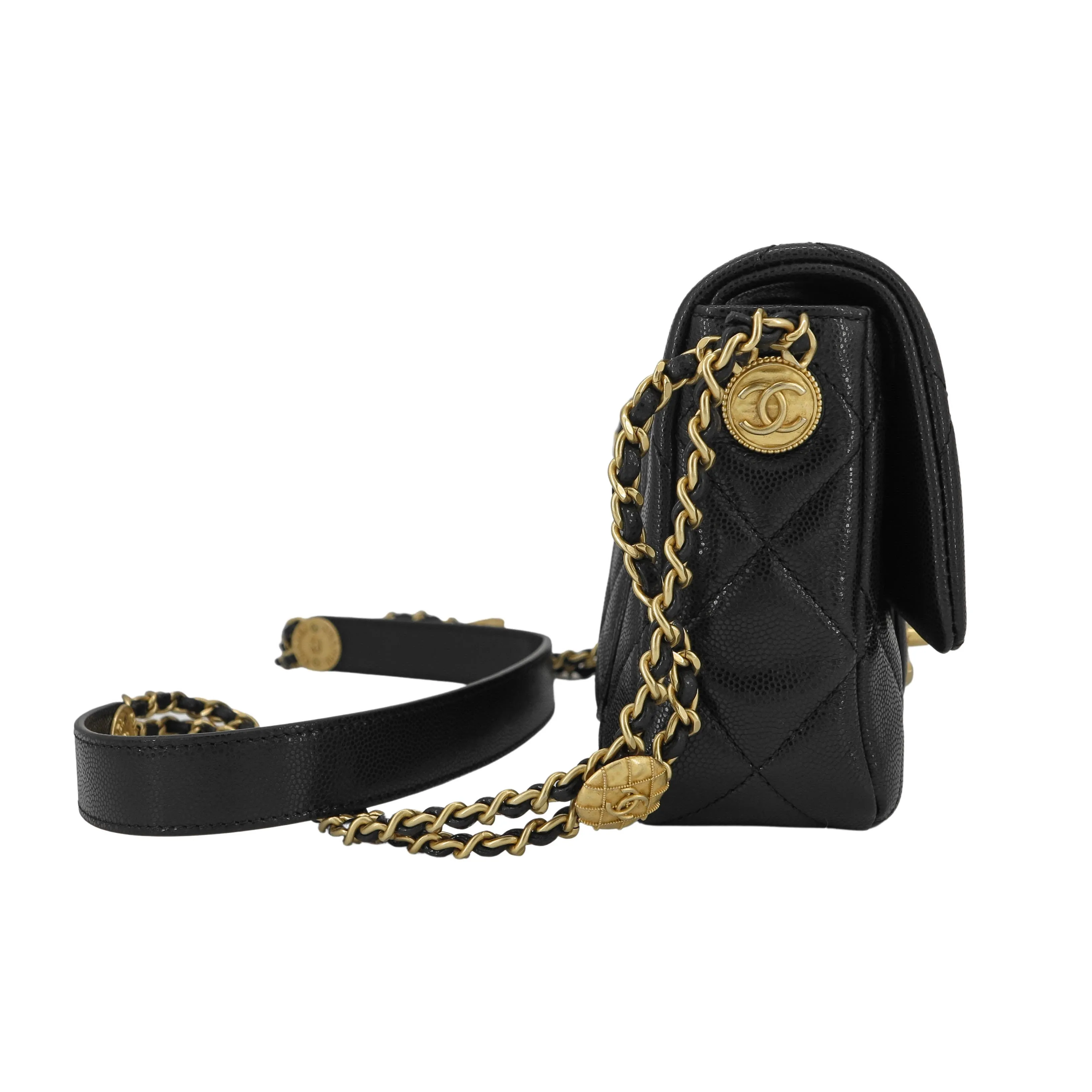 22A Twist Your Buttons Gold Coins Small Flap Bag in Black Caviar