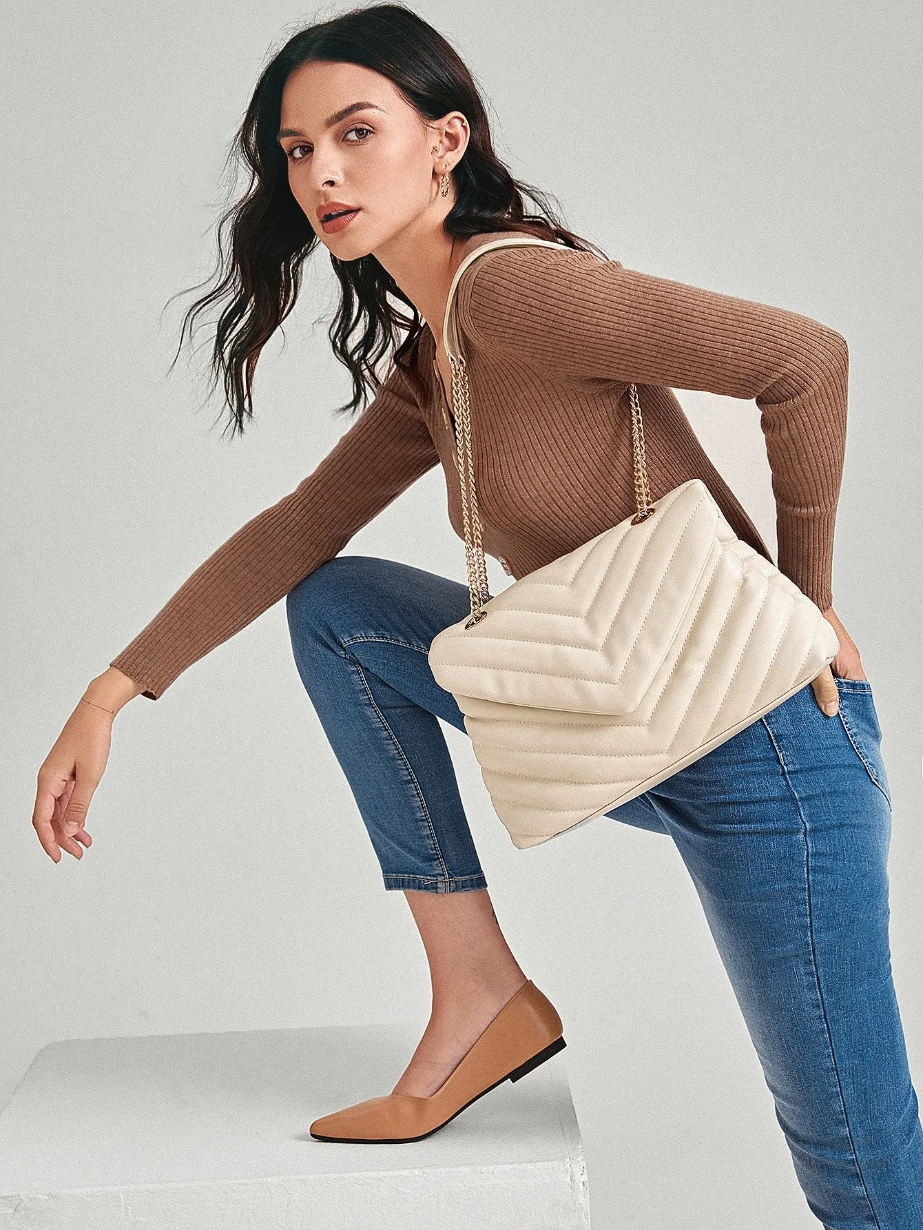 Amavi Chevron Flap Shoulder Bag - Beige - FD ⚡