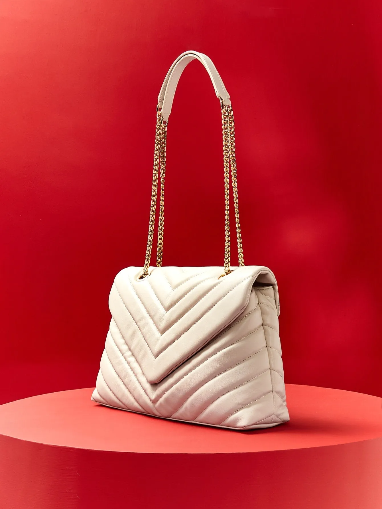 Amavi Chevron Flap Shoulder Bag - Beige - FD ⚡