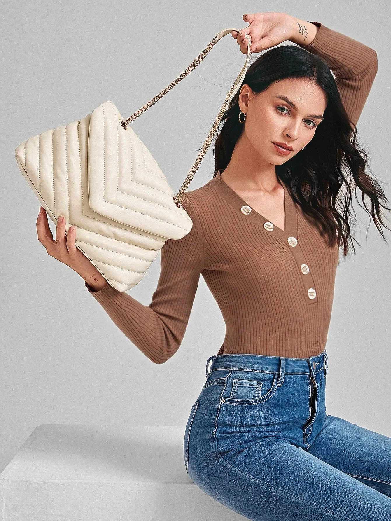 Amavi Chevron Flap Shoulder Bag - Beige - FD ⚡