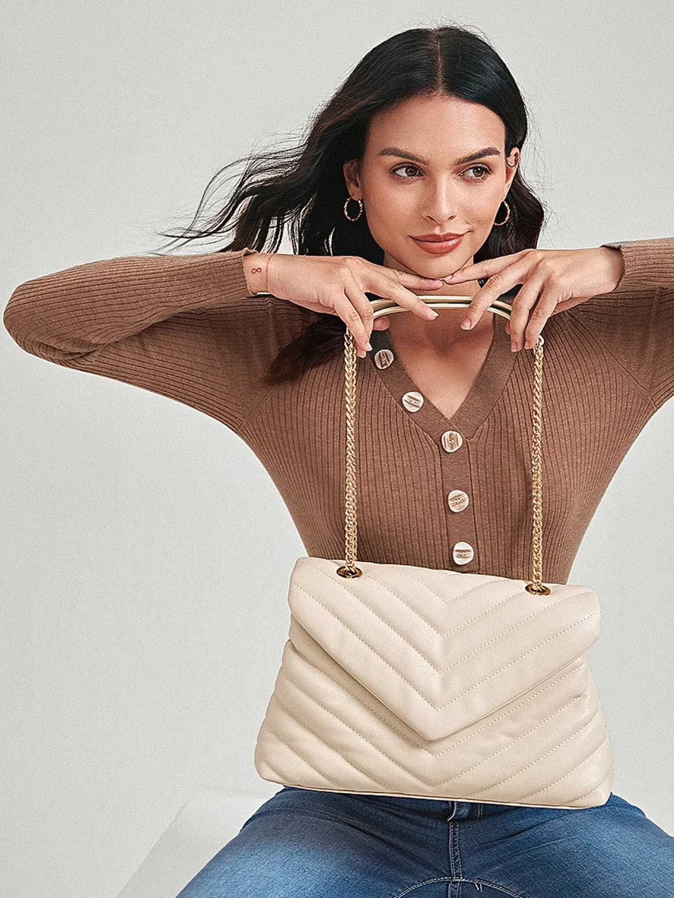 Amavi Chevron Flap Shoulder Bag - Beige - FD ⚡