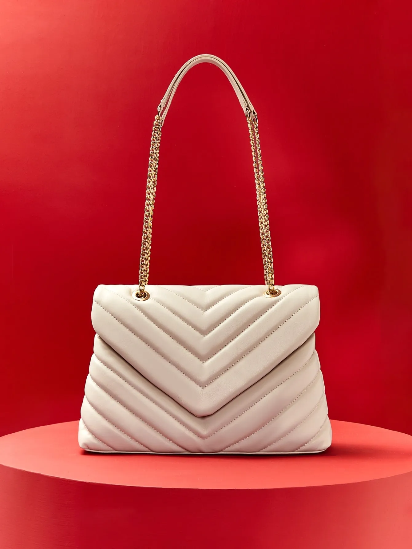 Amavi Chevron Flap Shoulder Bag - Beige - FD ⚡