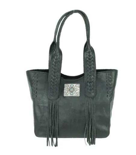 American West Handbag Mohave Collection: Leather Small Zip Top Tote with Fringe