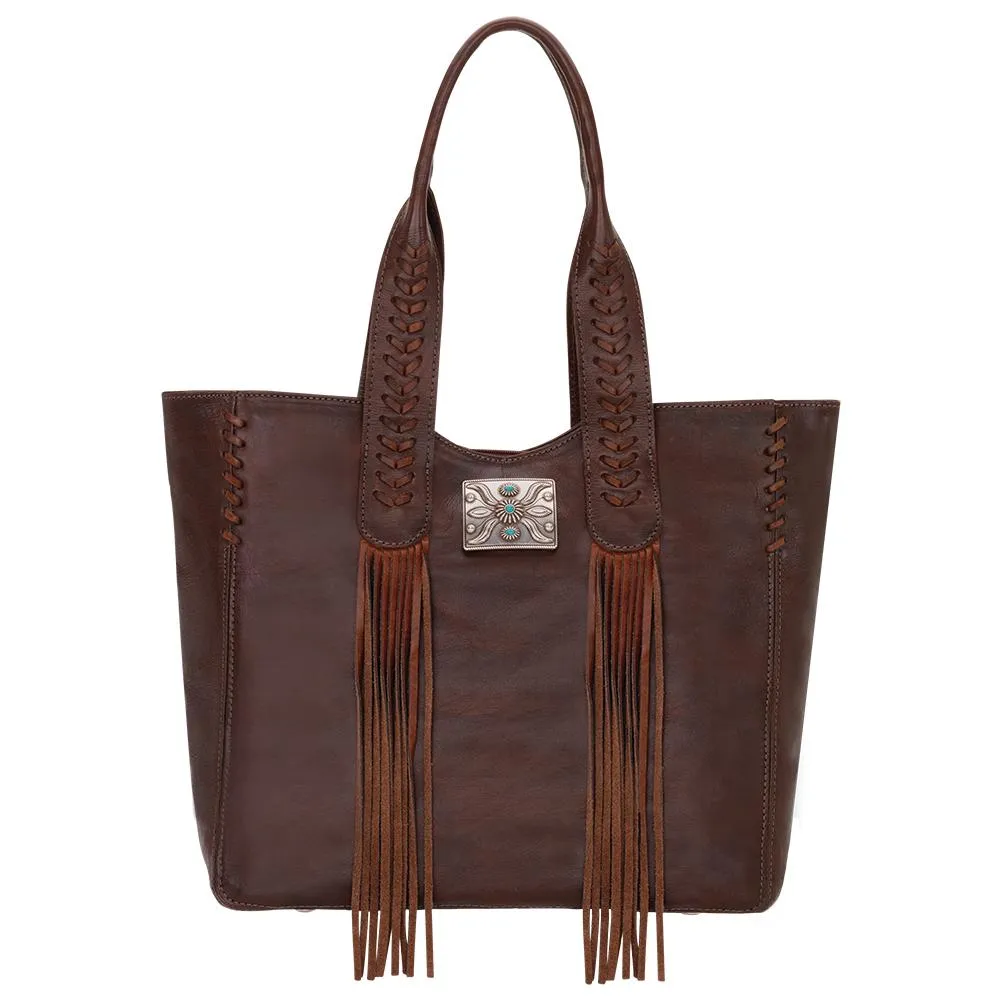 American West Handbag Mohave Collection: Leather Small Zip Top Tote with Fringe