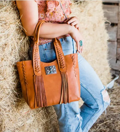 American West Handbag Mohave Collection: Leather Small Zip Top Tote with Fringe