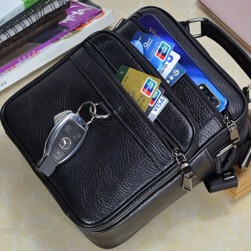 Black Cowhide Leather Messenger Bags Men iPad Business Bag