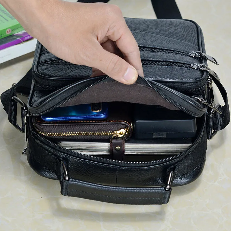 Black Cowhide Leather Messenger Bags Men iPad Business Bag