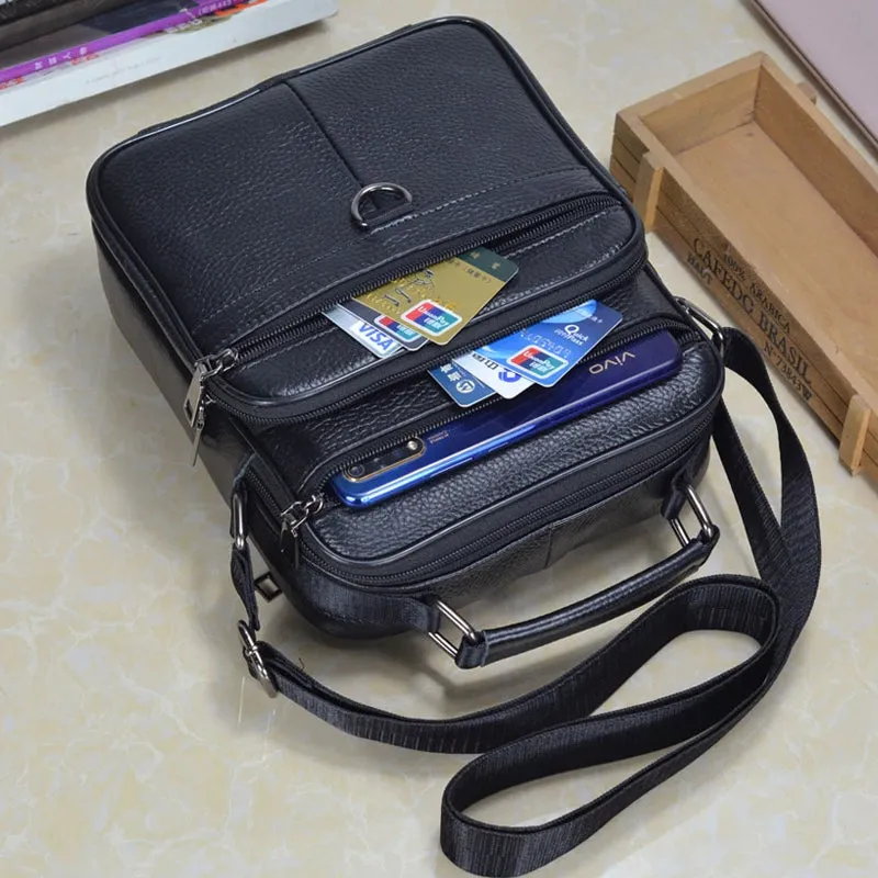 Black Cowhide Leather Messenger Bags Men iPad Business Bag