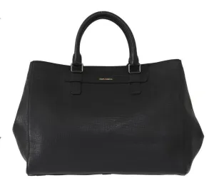 Black Leather Shopping Tote Bag
