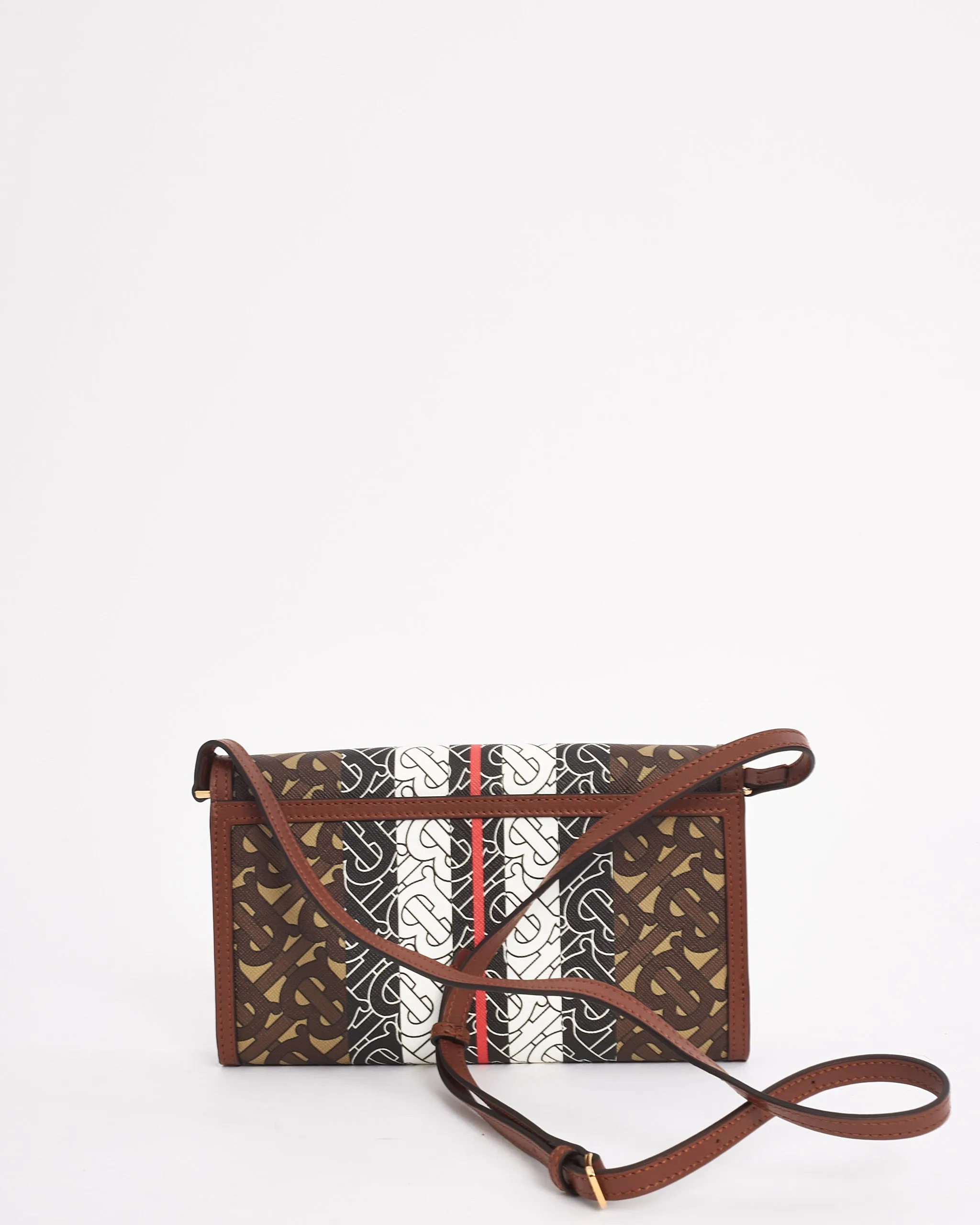 Burberry Brown Bridle Monogram Stripe E-Canvas Hannah Wallet with Strap