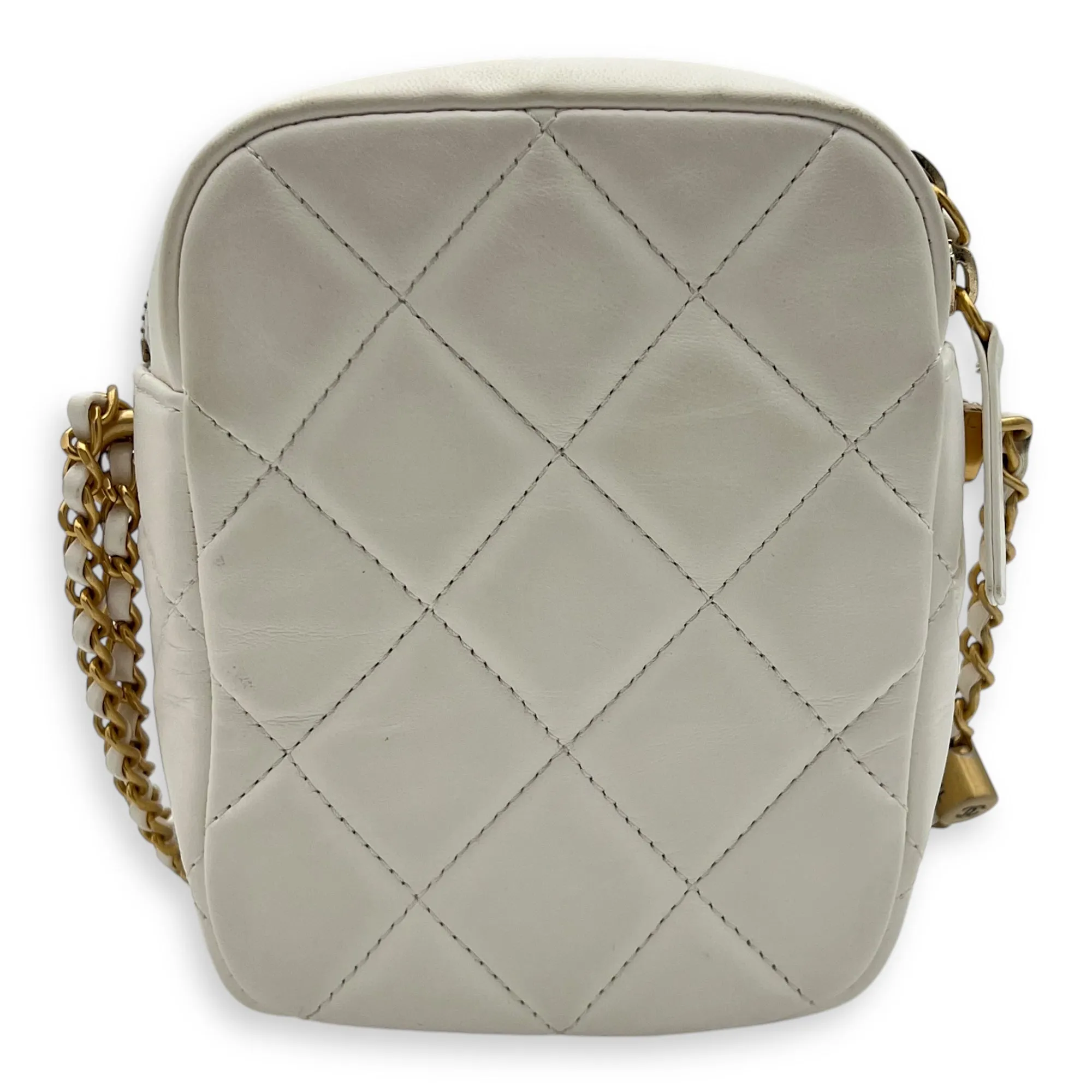 CC Camera Crossbody Bag White in Lambskin, Gold hardware