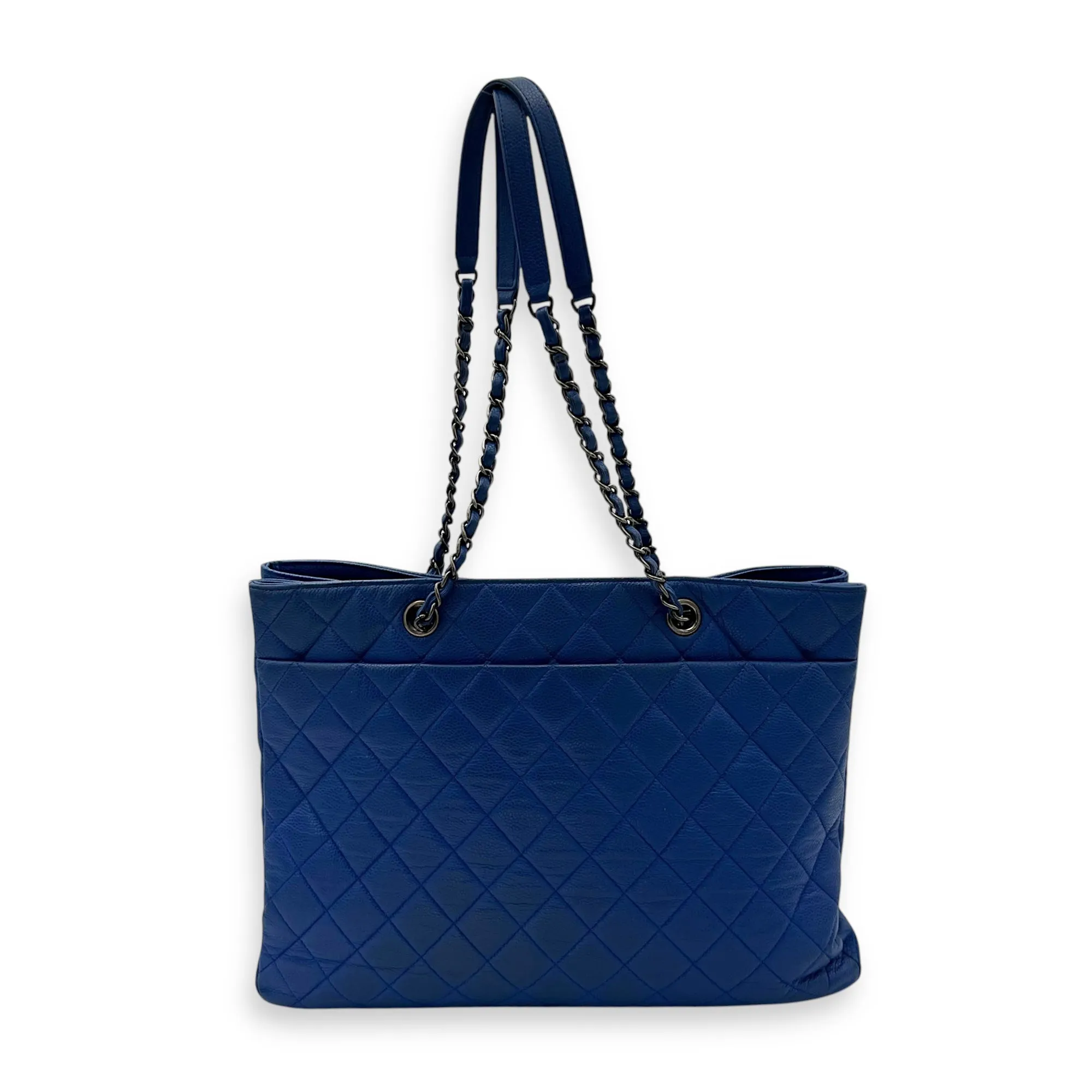 CC Quilted Blue Tote Bag in Caviar Leather, Ruthenium hardware