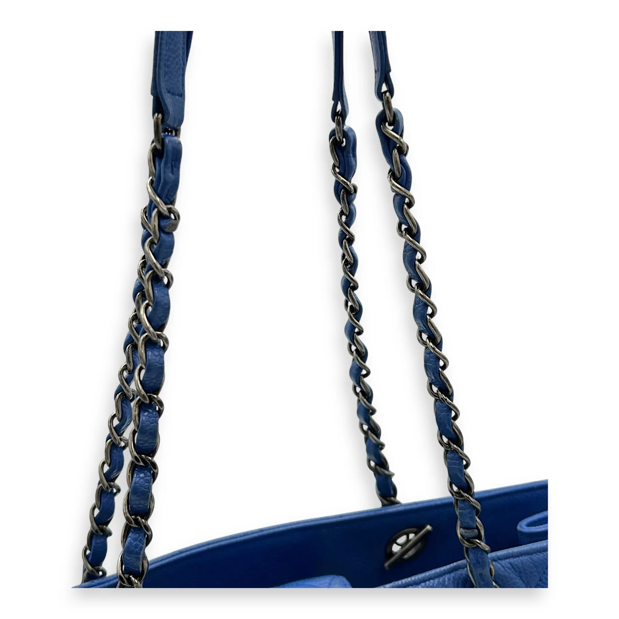 CC Quilted Blue Tote Bag in Caviar Leather, Ruthenium hardware