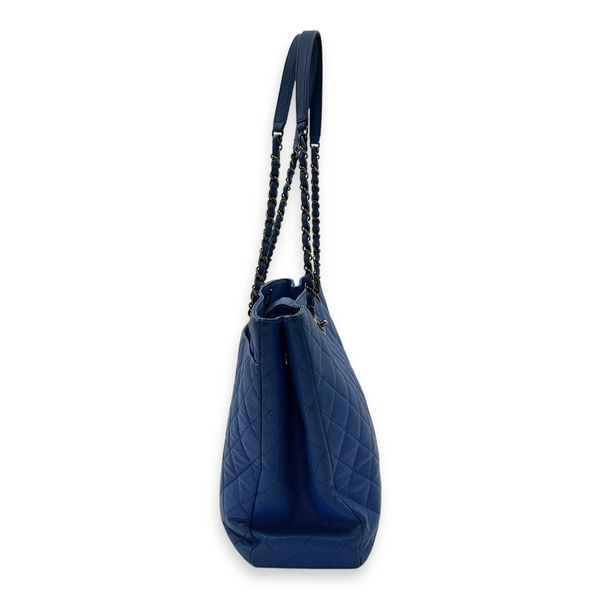 CC Quilted Blue Tote Bag in Caviar Leather, Ruthenium hardware