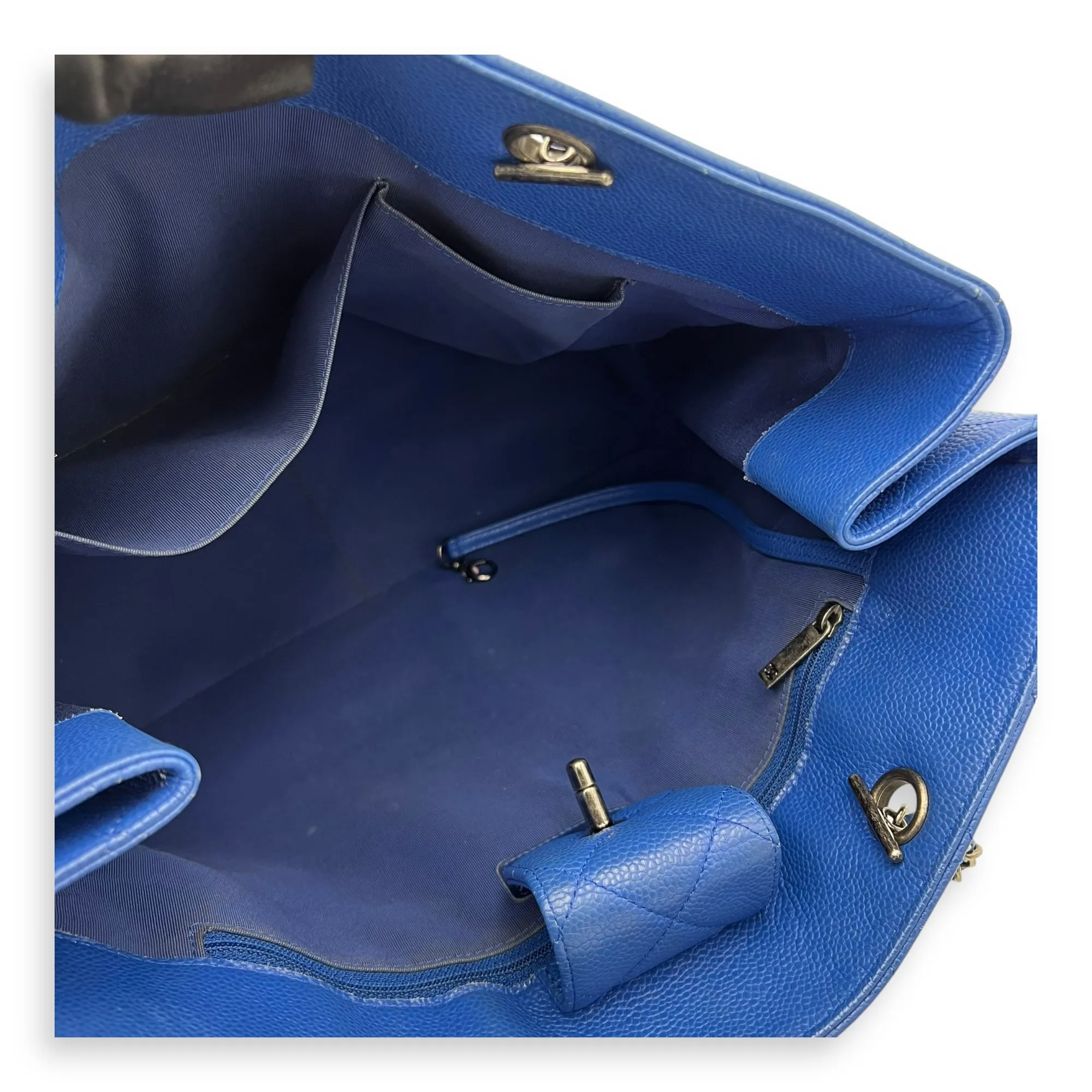 CC Quilted Blue Tote Bag in Caviar Leather, Ruthenium hardware