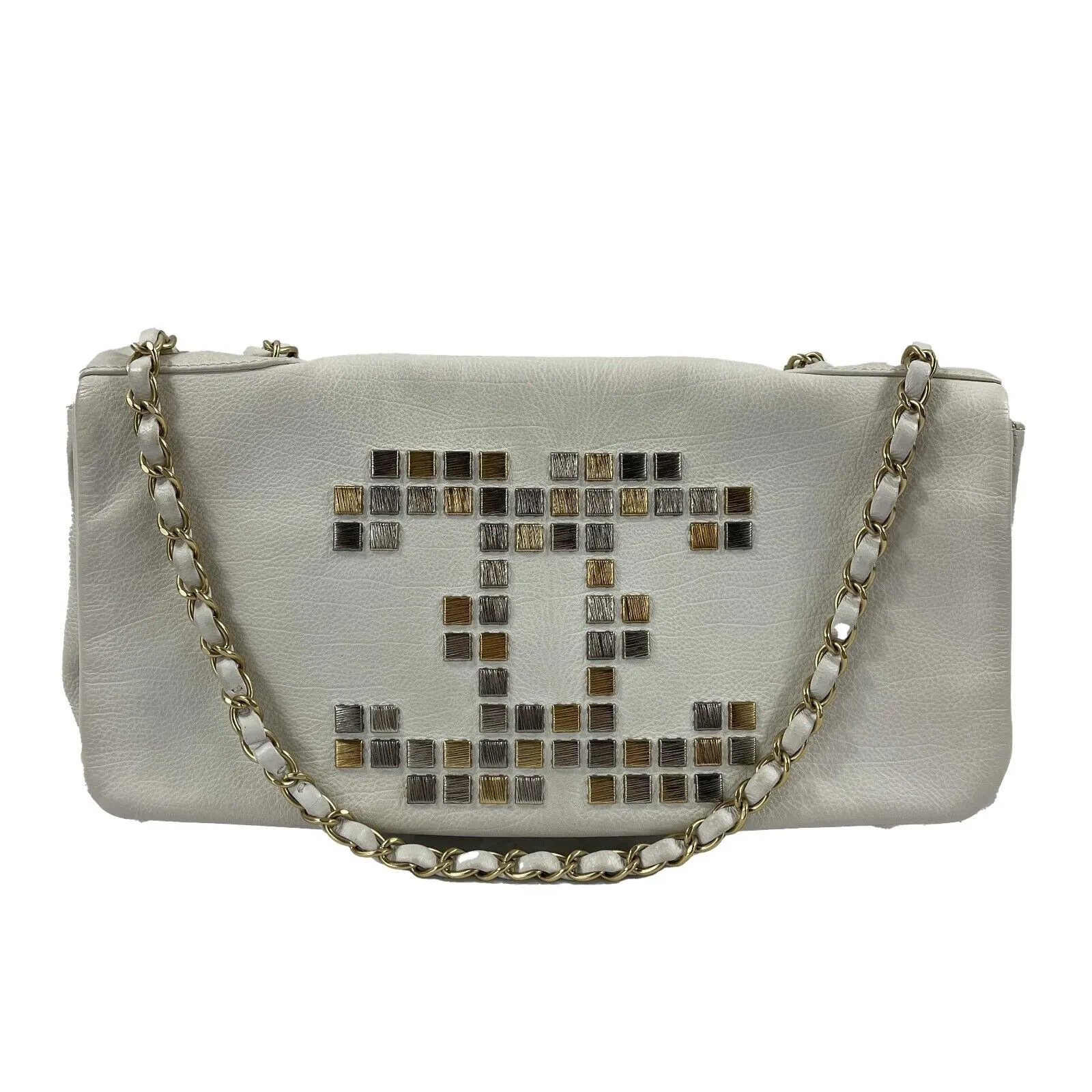 CHANEL - 09C White Mosaic Metal East West Calfskin Flap Crossbody / Shoulder Bag
