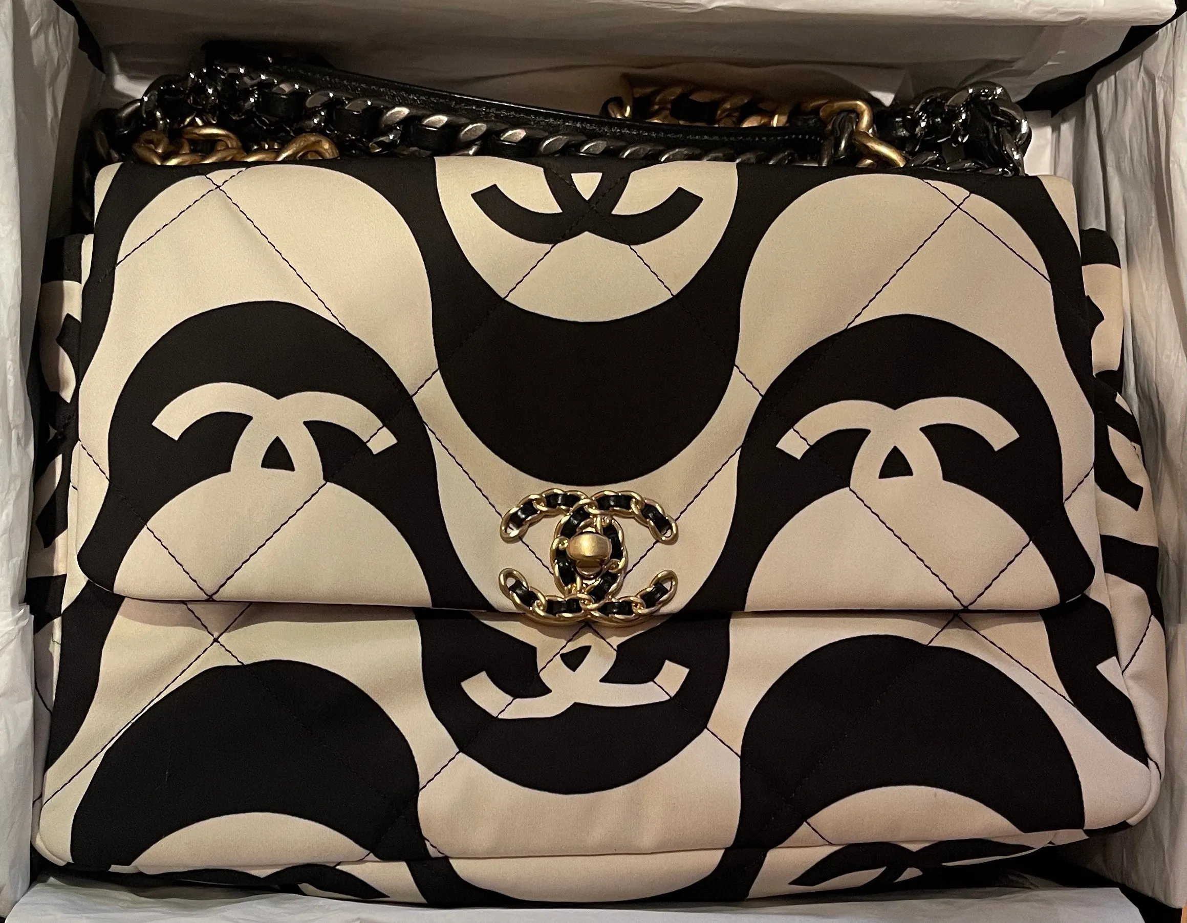 Chanel 2021 Black/ Ecru Fabric CC Printed Large 19 Flap Bag