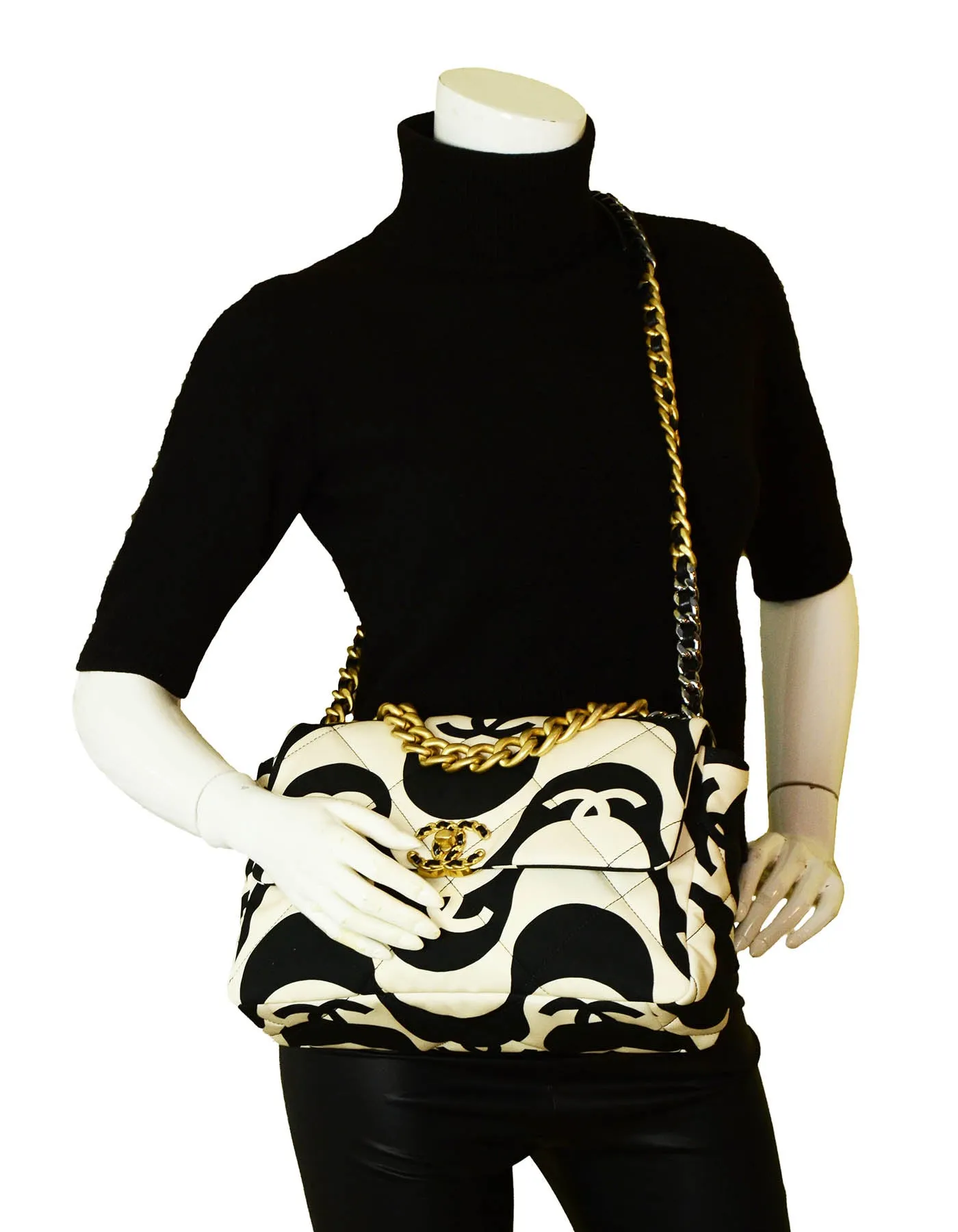 Chanel 2021 Black/ Ecru Fabric CC Printed Large 19 Flap Bag