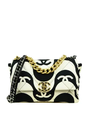 Chanel 2021 Black/ Ecru Fabric CC Printed Large 19 Flap Bag