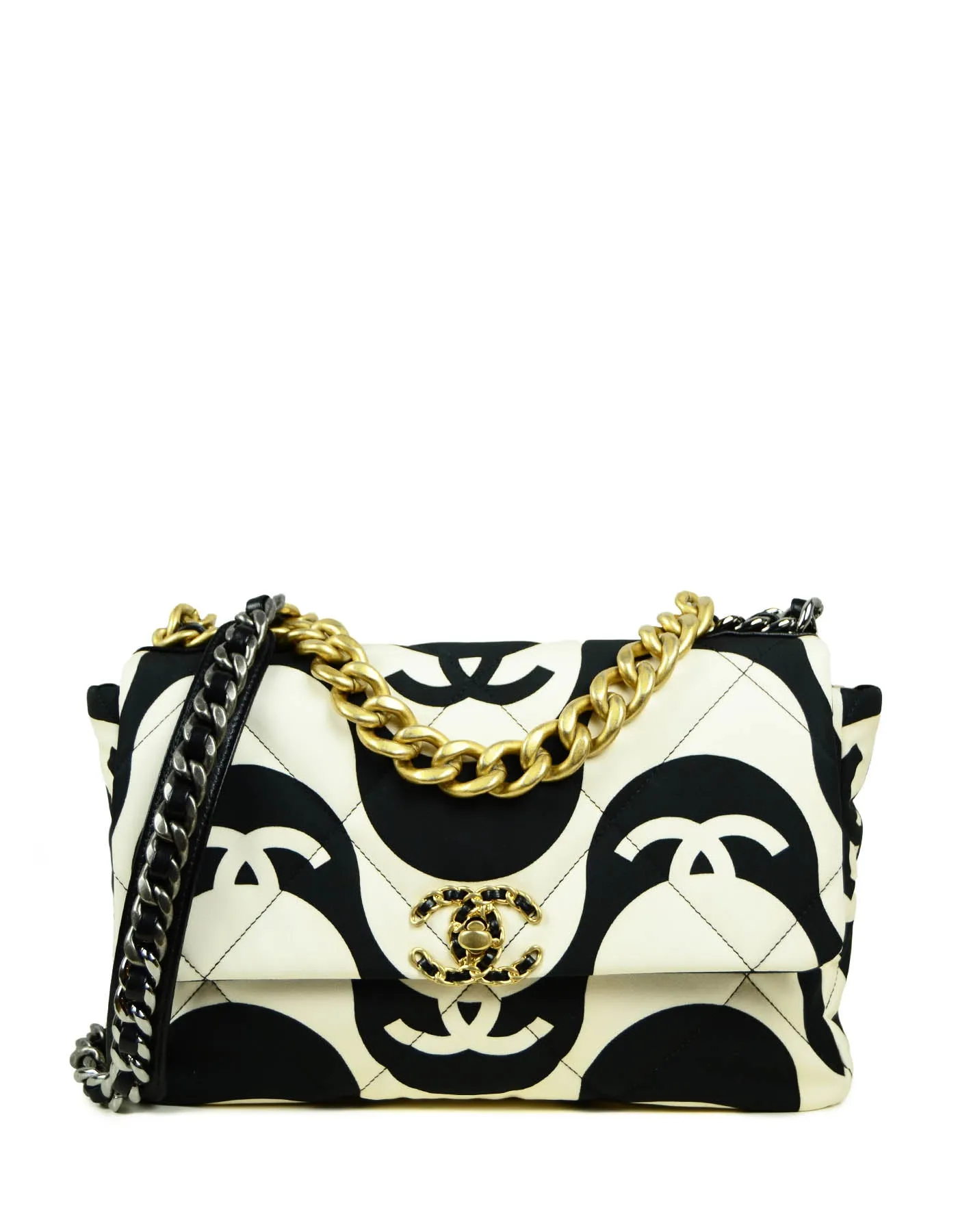 Chanel 2021 Black/ Ecru Fabric CC Printed Large 19 Flap Bag