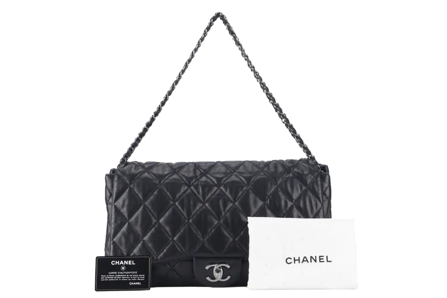 CHANEL 3 ACCORDION FLAP BAG (1390xxxx) BLACK LAMBSKIN GUNMETAL HARDWARE WITH CARD AND DUST COVER