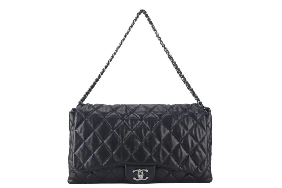 CHANEL 3 ACCORDION FLAP BAG (1390xxxx) BLACK LAMBSKIN GUNMETAL HARDWARE WITH CARD AND DUST COVER