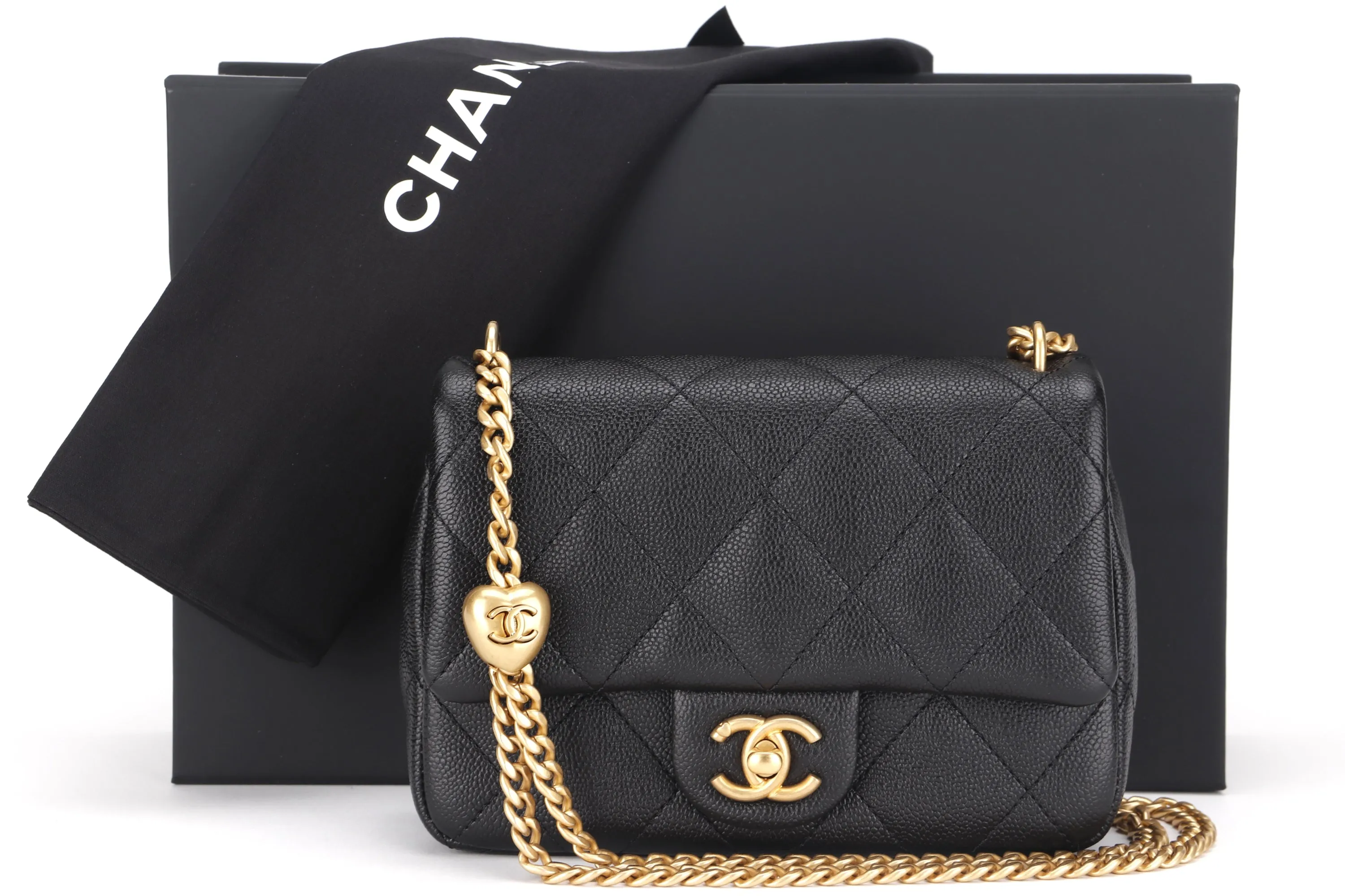 CHANEL AS3829 HEART CHAIN MINI FLAP [MICROCHIP (LGETxxxx)] BLACK CAVIAR GOLD HARDWARE, WITH DUST COVER & BOX