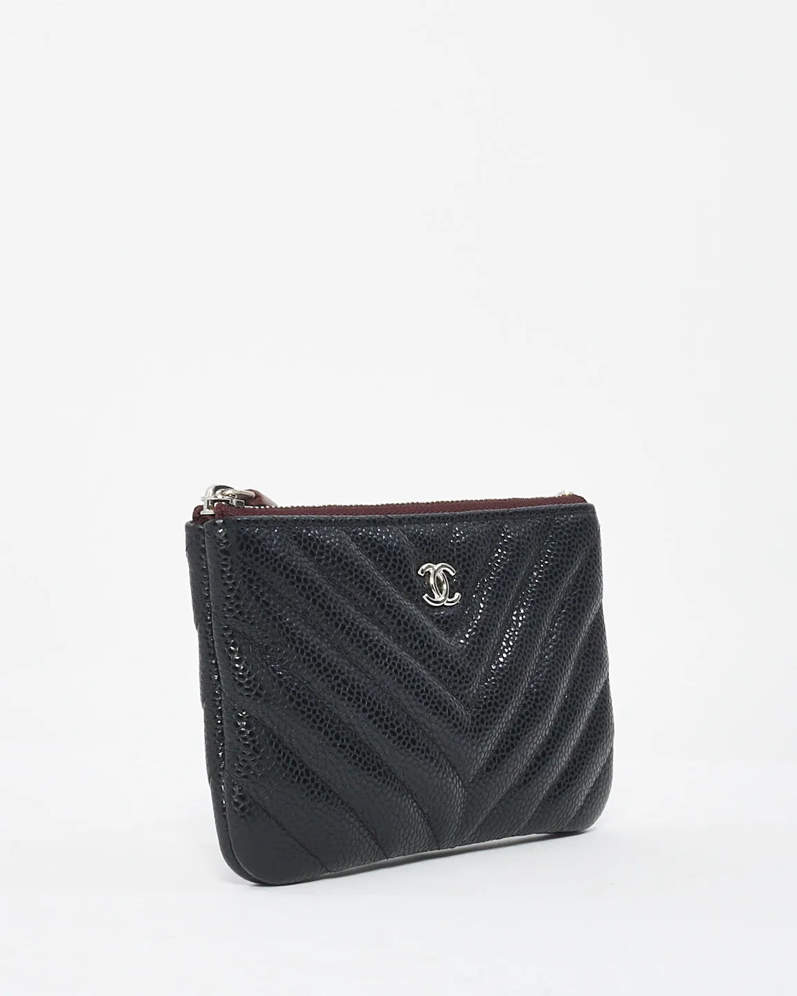 Chanel Black Caviar Chevron Leather Mini Pouch