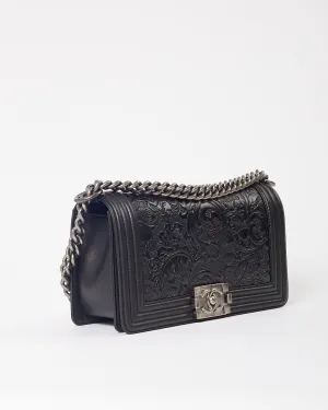 Chanel Black Lambskin Leather Jacquard Dallas Medium Boy Bag