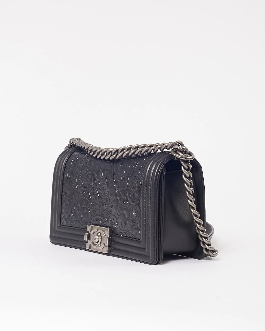 Chanel Black Lambskin Leather Jacquard Dallas Medium Boy Bag