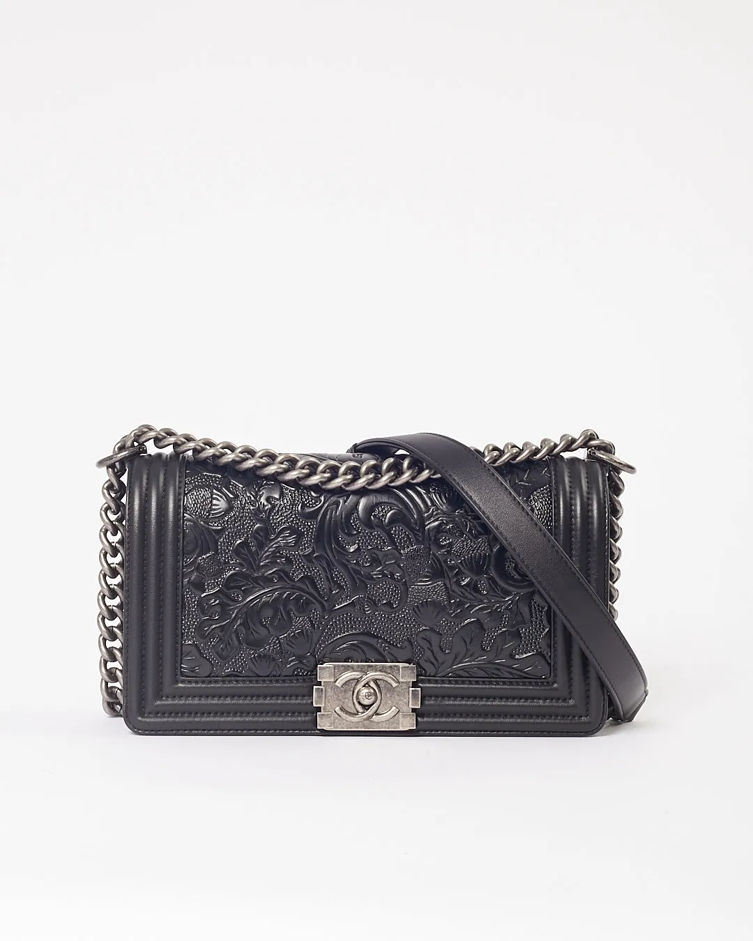 Chanel Black Lambskin Leather Jacquard Dallas Medium Boy Bag