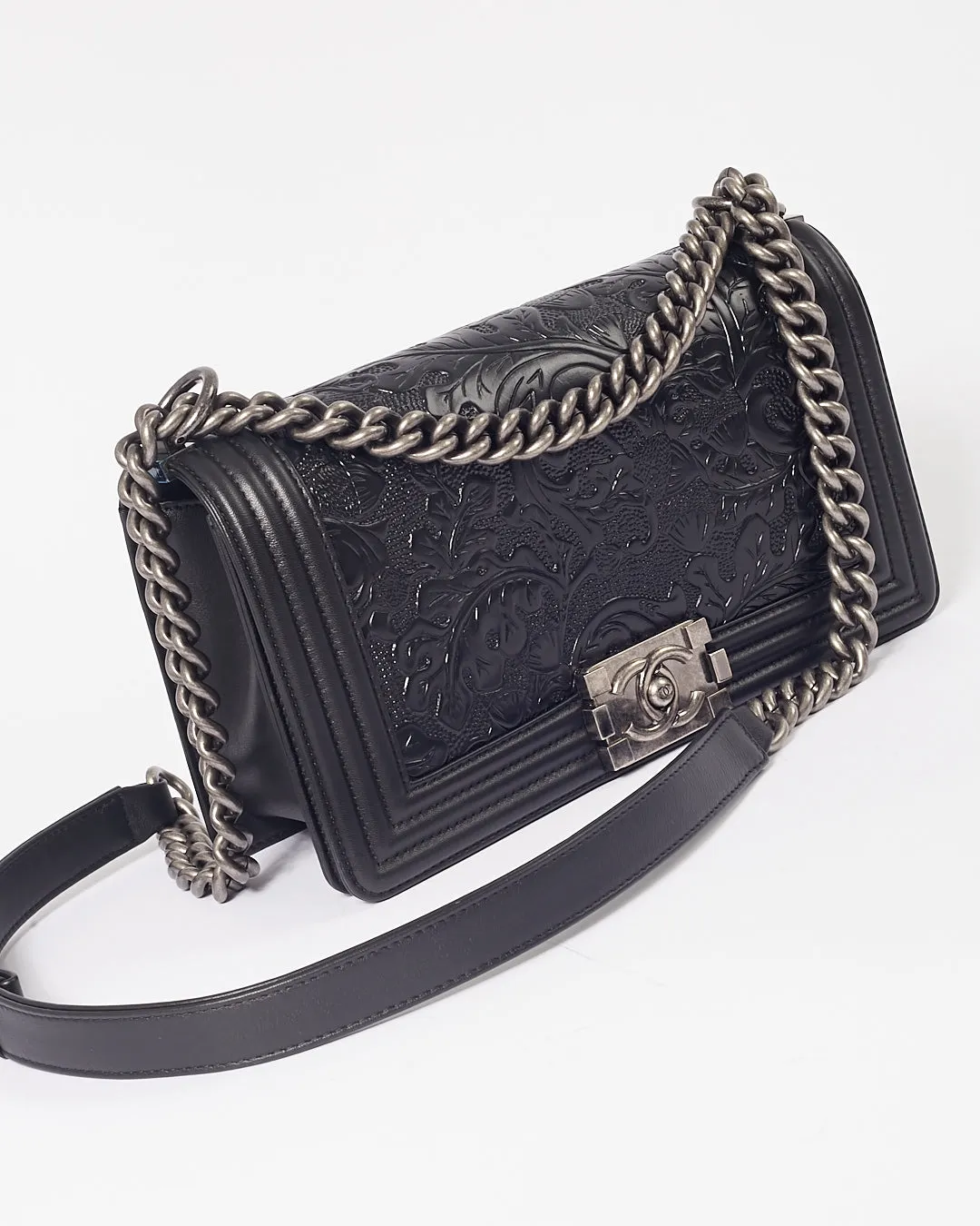 Chanel Black Lambskin Leather Jacquard Dallas Medium Boy Bag