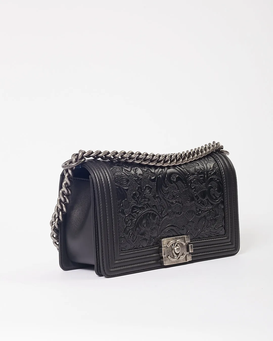 Chanel Black Lambskin Leather Jacquard Dallas Medium Boy Bag