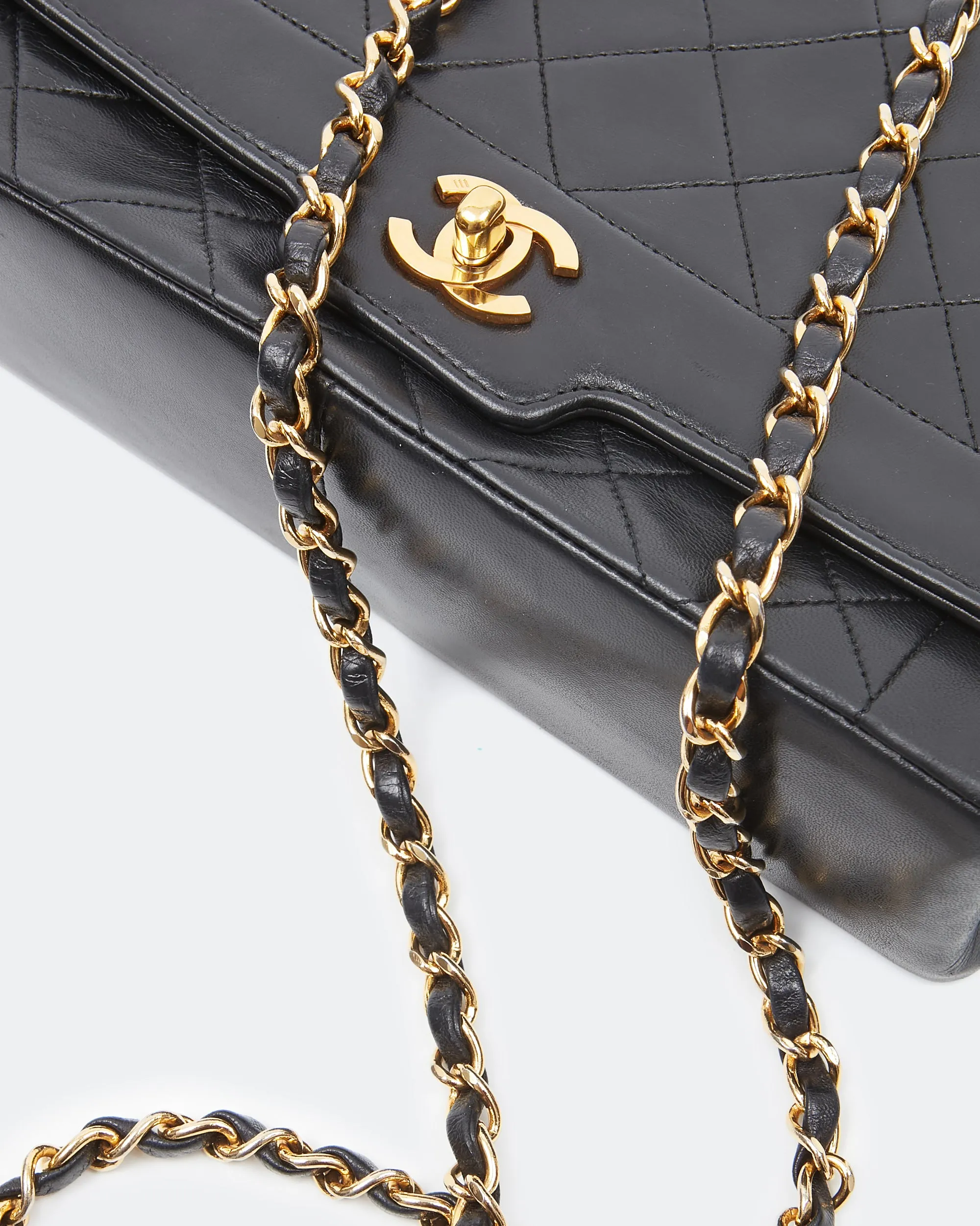 Chanel Black Lambskin Leather Quilted 24K Gold Diana Flap Bag