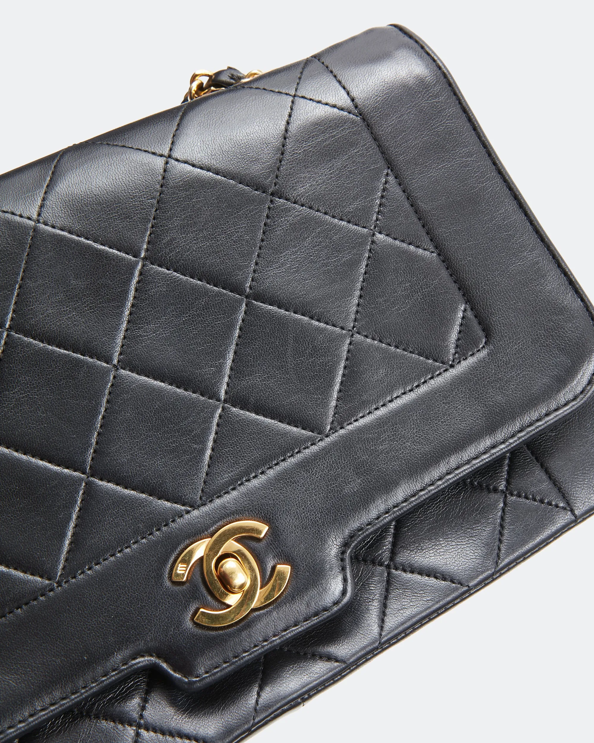 Chanel Black Lambskin Leather Quilted 24K Gold Diana Flap Bag