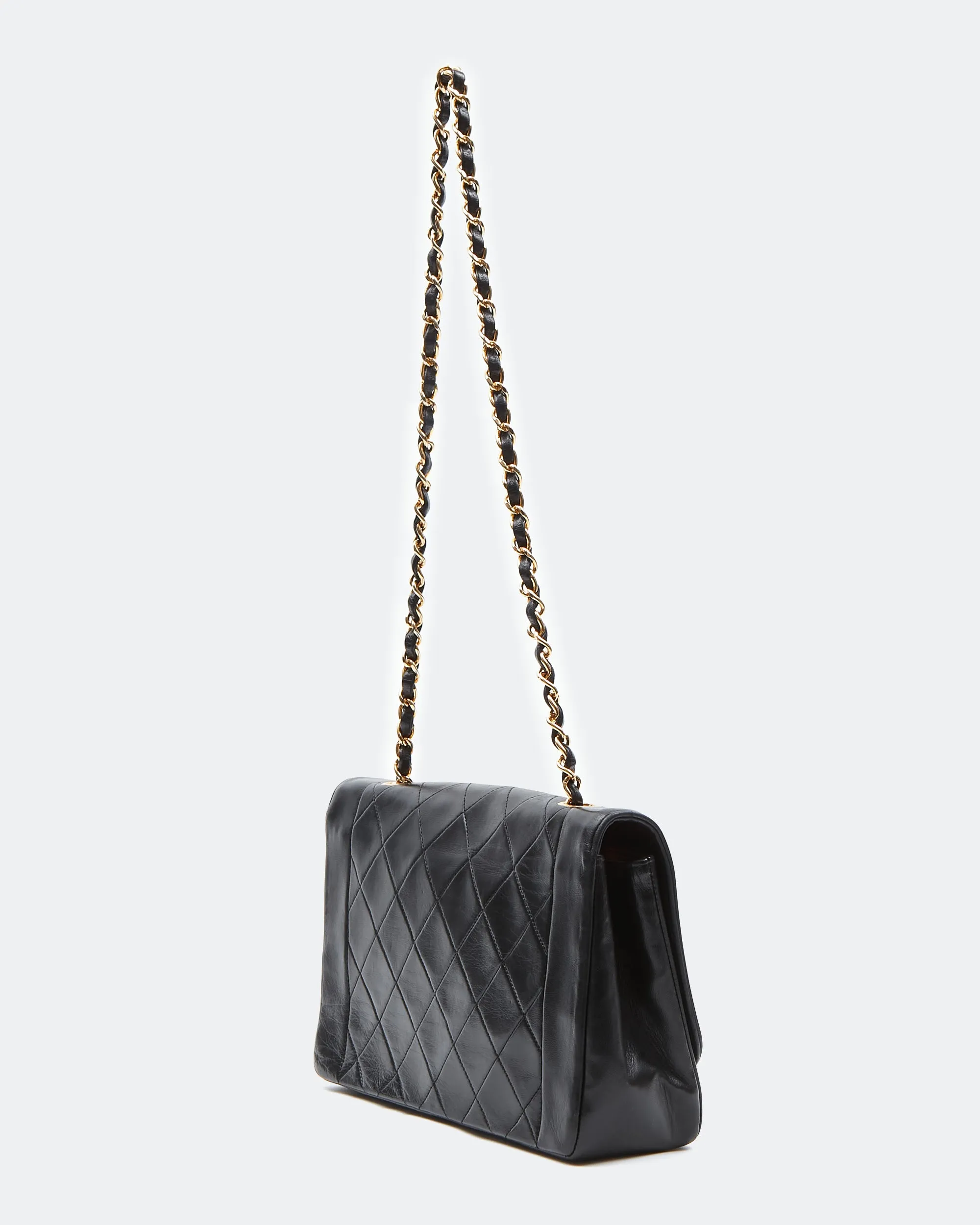 Chanel Black Lambskin Leather Quilted 24K Gold Diana Flap Bag