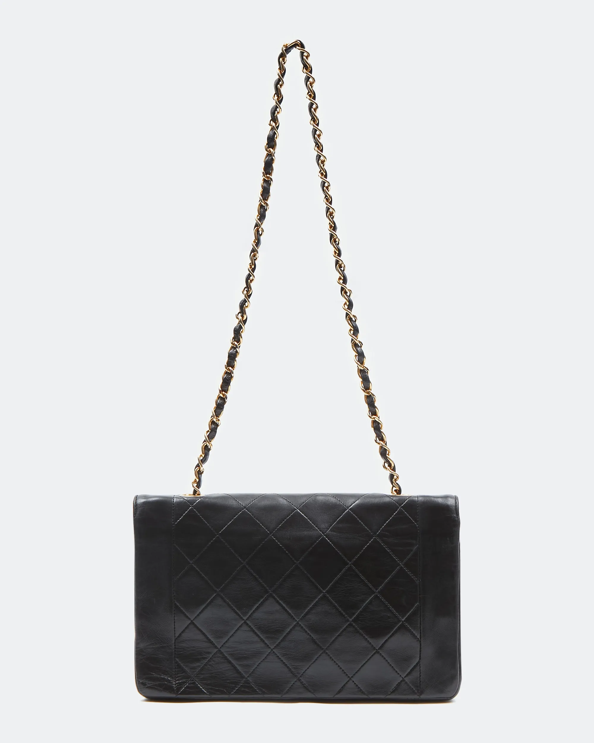 Chanel Black Lambskin Leather Quilted 24K Gold Diana Flap Bag