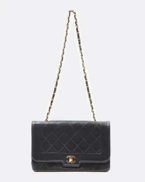 Chanel Black Lambskin Leather Quilted 24K Gold Diana Flap Bag
