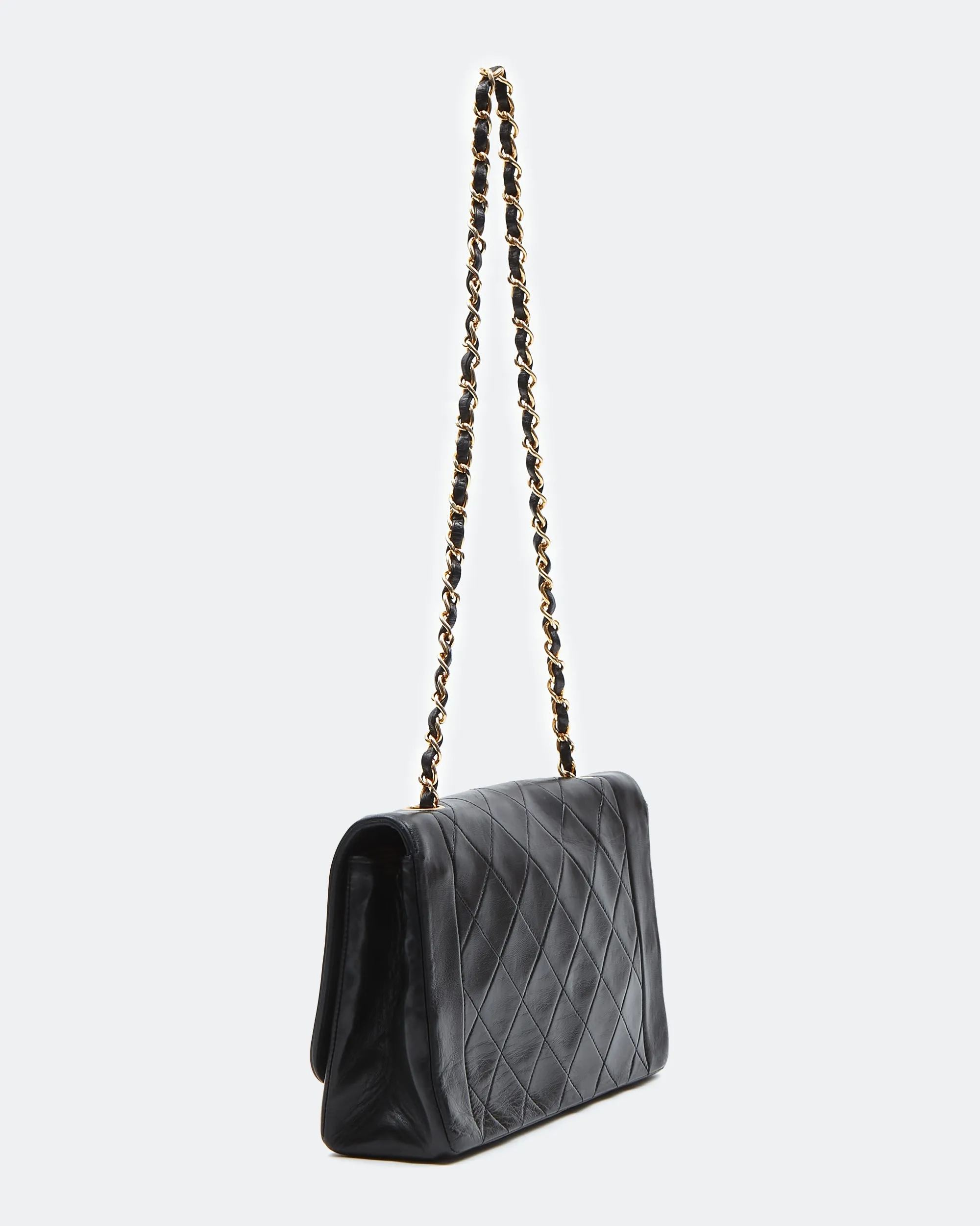 Chanel Black Lambskin Leather Quilted 24K Gold Diana Flap Bag